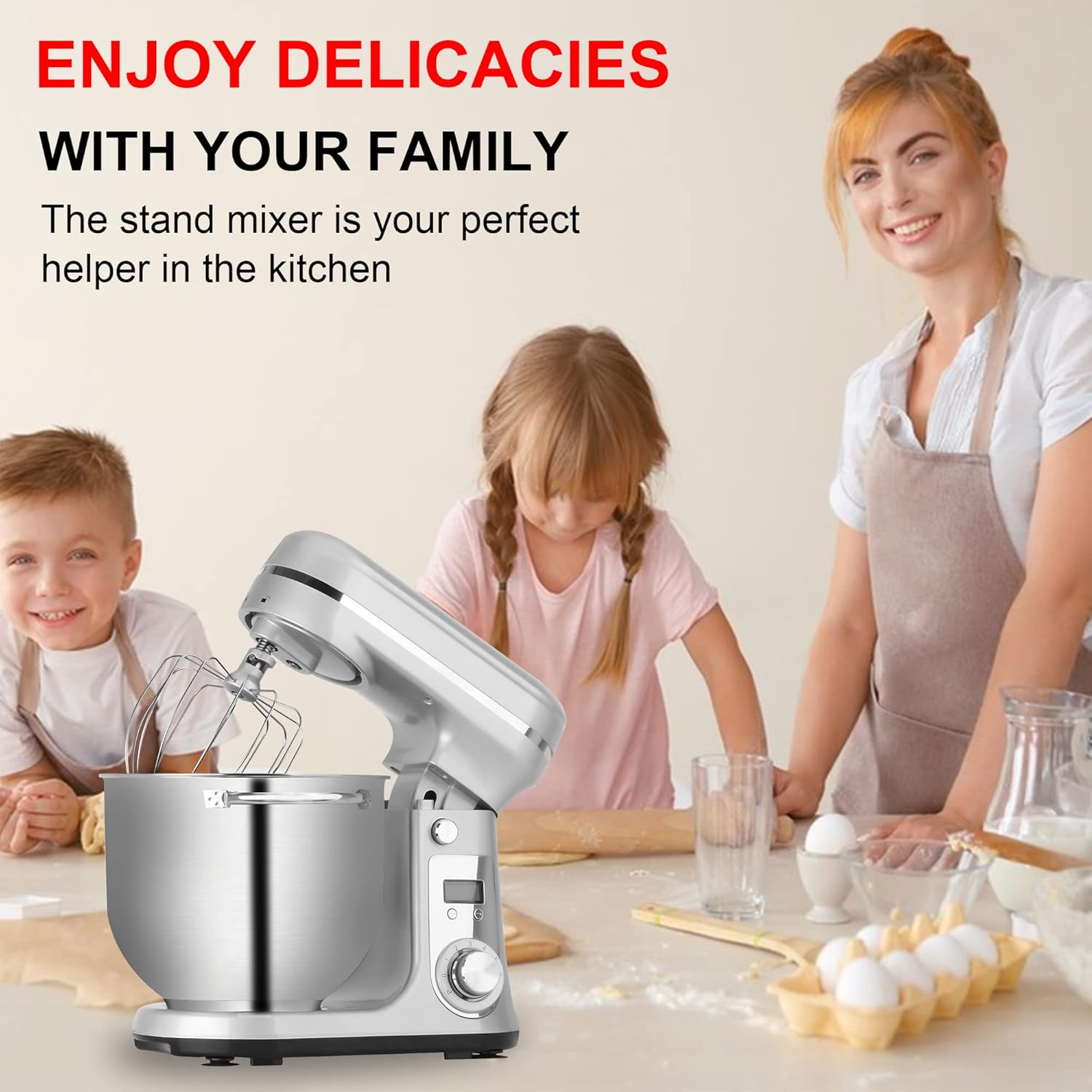 Biolomix Batidora eléctrica de pie para cocina, batidora de alimentos de 6 velocidades con tazón de acero inoxidable de 6.5 cuartos de galón, gancho
