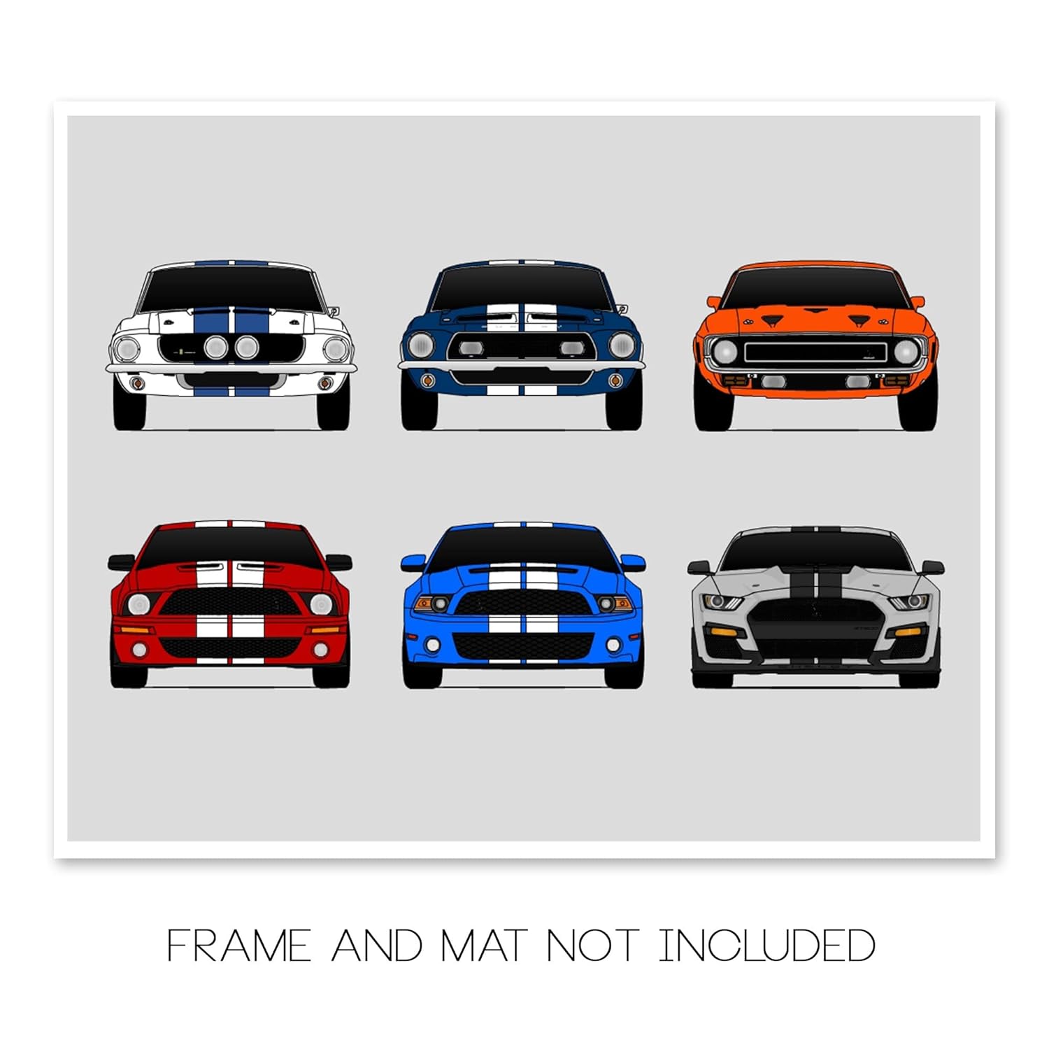 Shelby Mustang GT500 Generations Inspired Car Poster – Handmade Print of Ford Shelby GT500 (Multi-Color Wall Art) – 17×22″ Satin Print (Unframed) –