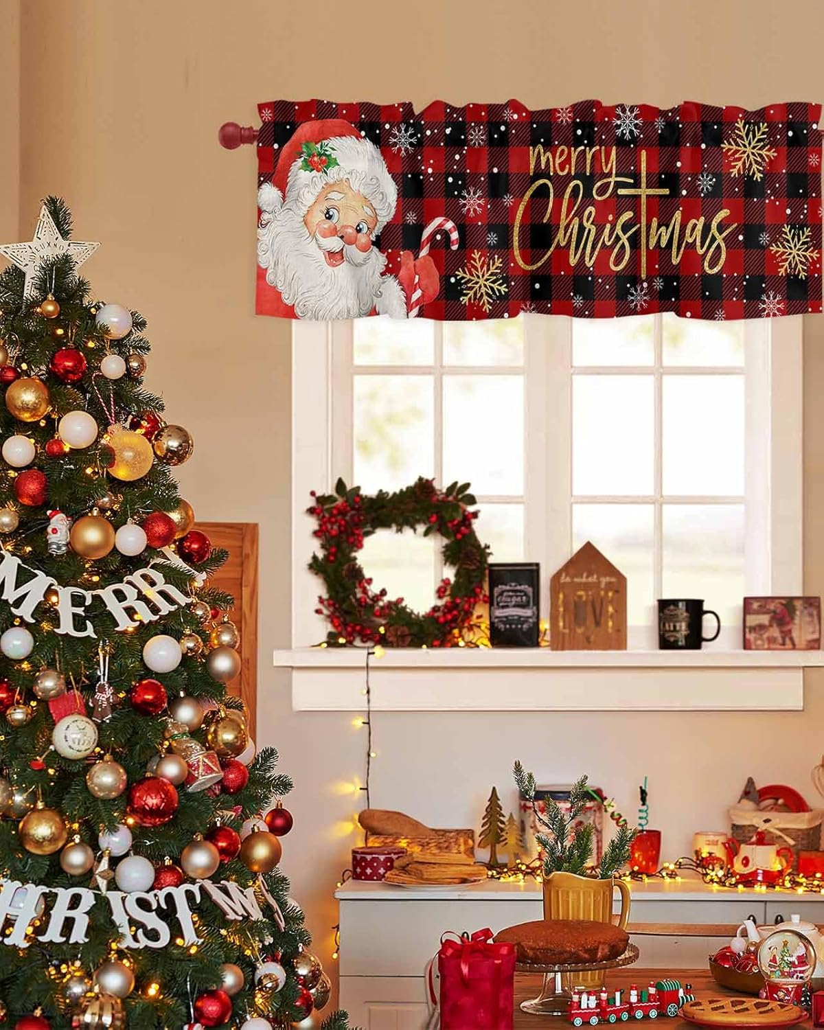 Cenefa de Navidad para ventanas, cenefas de Papá Noel, cenefa con bolsillo para barra, tratamientos de ventana, cortinas cortas a cuadros rojos para