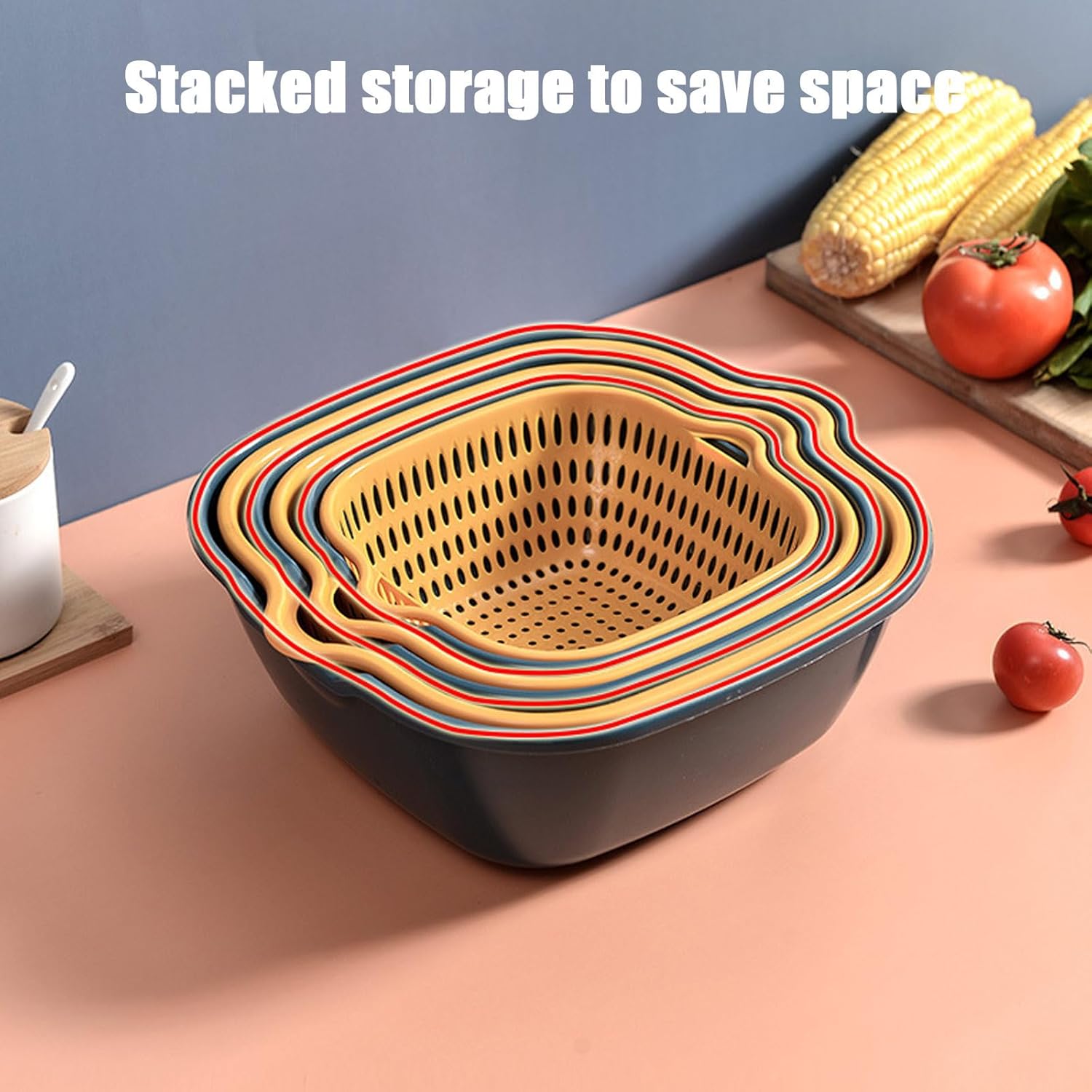 Lavabo de cocina de seis piezas en cesta de doble capa, cesta de lavado de plástico multifuncional para verduras y frutas, para el hogar y la cocina