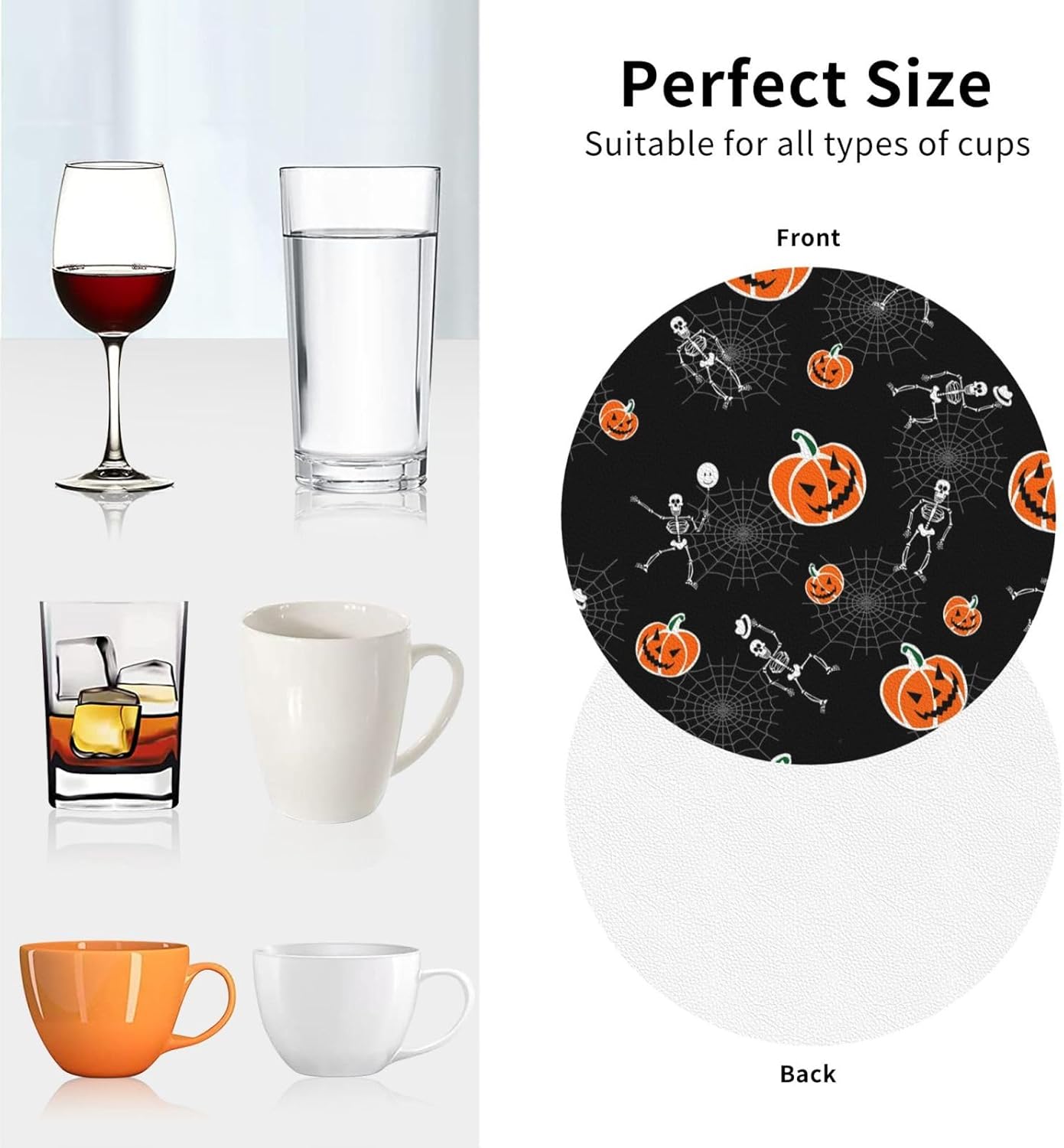 Juego de 6 posavasos de esqueleto de calabazas de Halloween para bebidas, posavasos de piel sintética absorbente para mesa auxiliar, decoración del