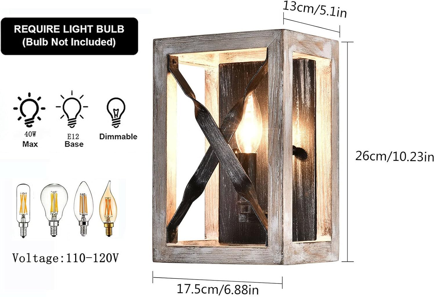 Apliques de pared de linterna, lámparas de pared rectangulares industriales retro con placa de hierro y tablero de madera, lámpara de pared para