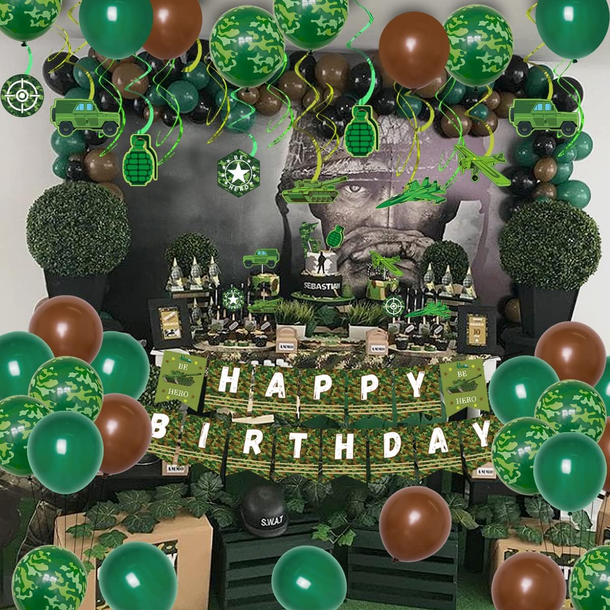 Decoraciones de camuflaje para fiesta de cumpleaños, soldado del ejército, suministros de fiesta militar, globos de camuflaje verde, pancarta de