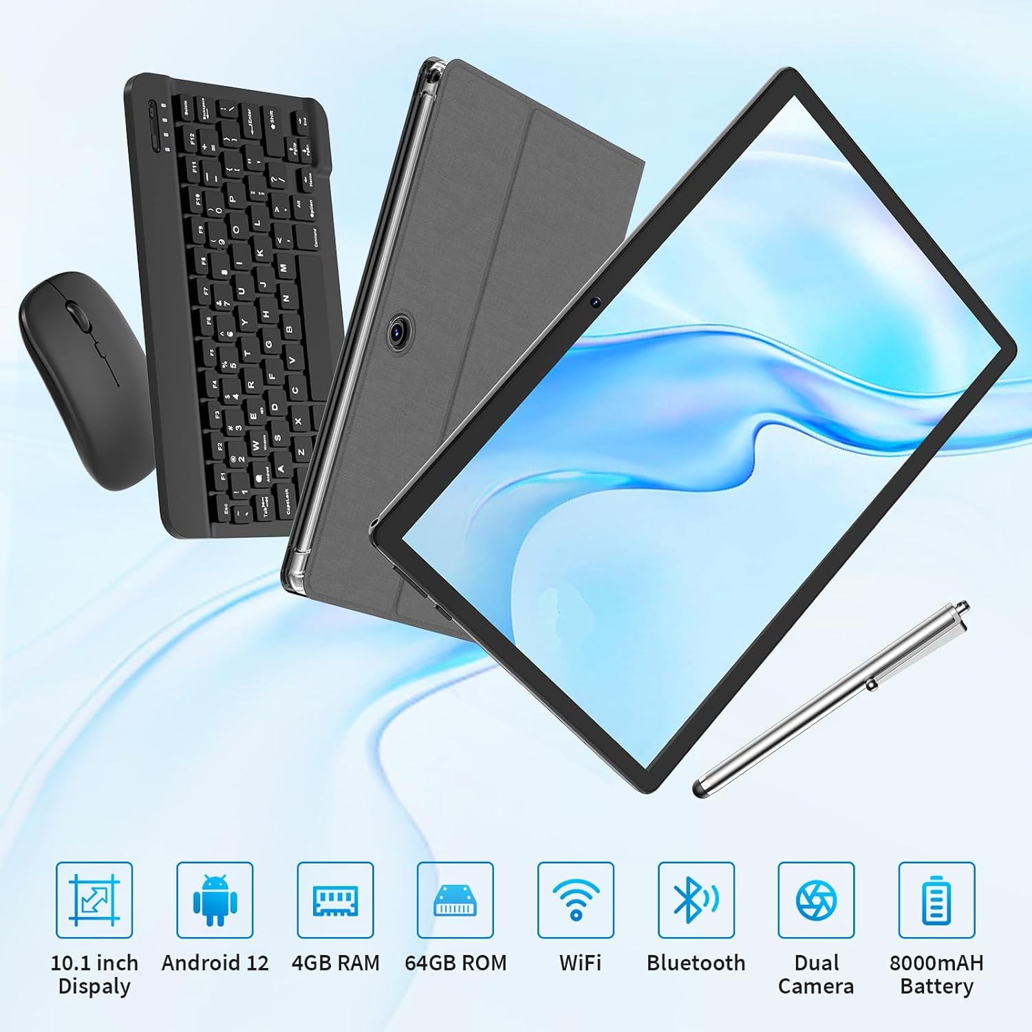Tablet Android, tableta Android 12 de 10 pulgadas, tableta 2 en 1 con teclado, mouse, funda, lápiz capacitivo, 4 GB de RAM 64 GB ROM 1 TB expandir,