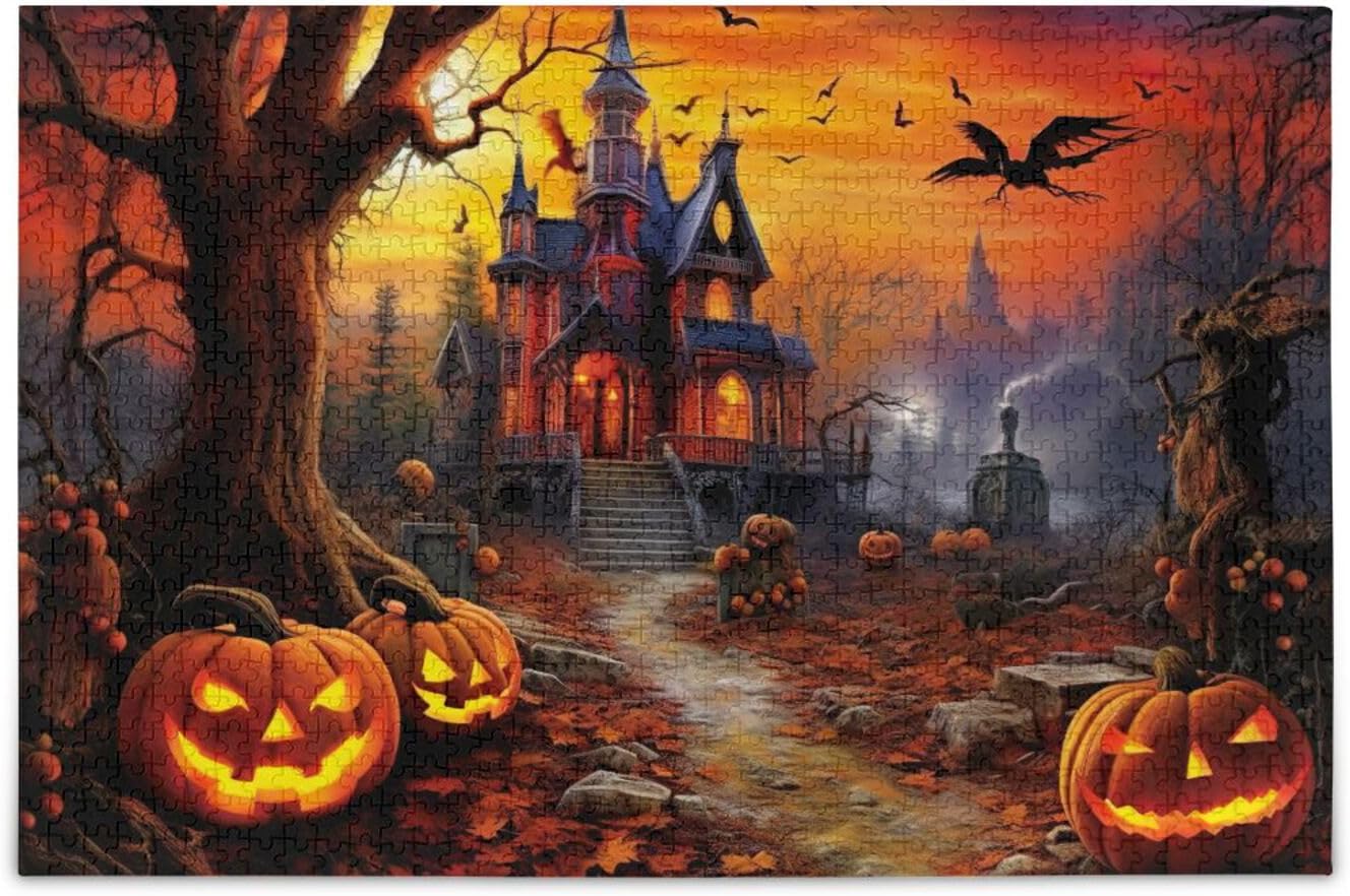 Rompecabezas de calabaza de Halloween para adultos de 1000 piezas, rompecabezas colorido con bolsa de almacenamiento de malla, rompecabezas