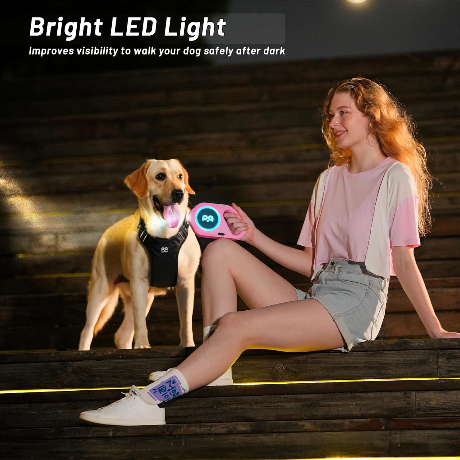 QQPETS Correa retráctil para perro con luz LED recargable, cinta de nailon resistente de 16 pies para paseos nocturnos de hasta 88 libras de