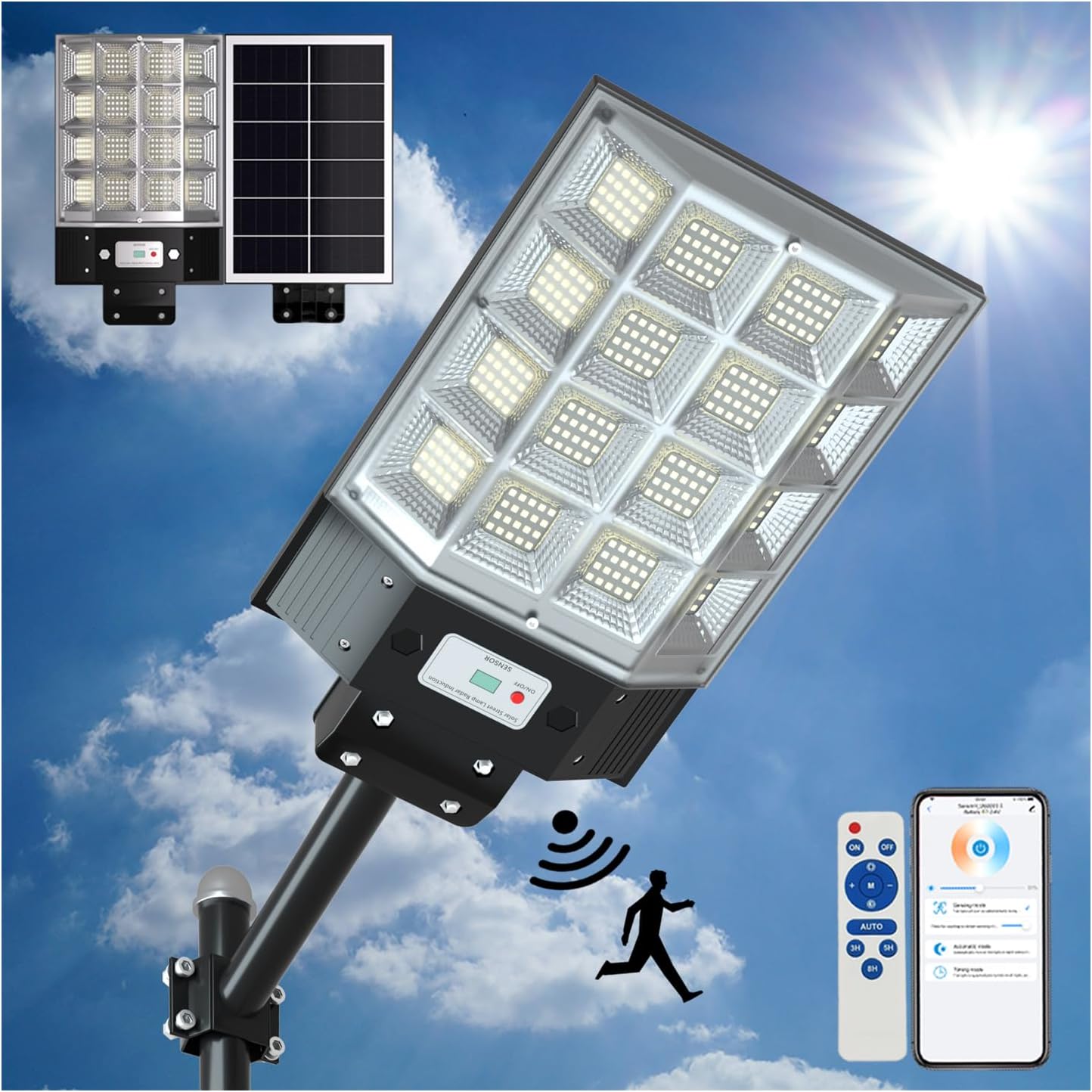 Luces solares de calle al aire libre del anochecer al amanecer, luz de inundación de 1500 W con aplicación 200000lm luz impermeable del sensor de