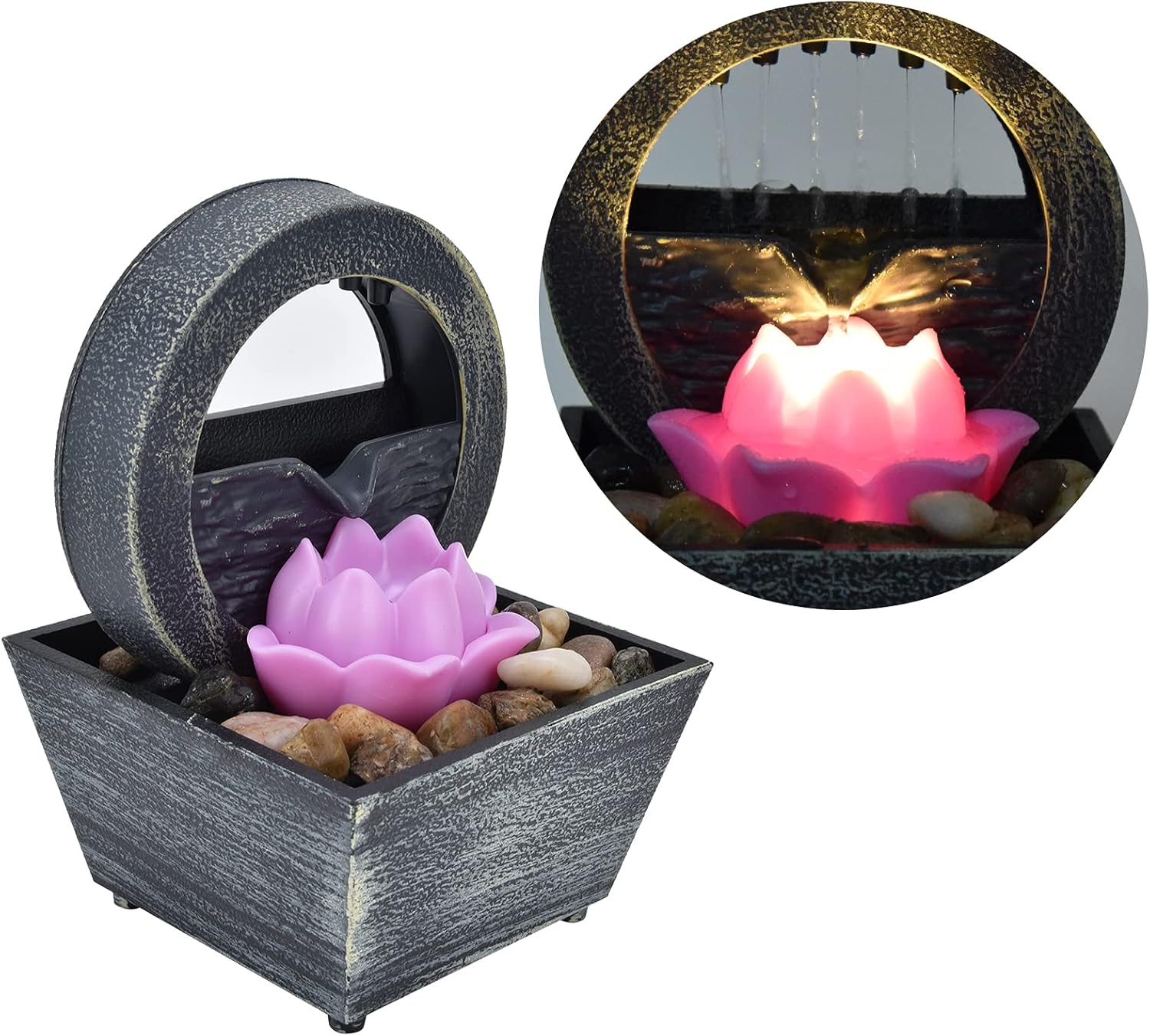 Fuente de agua de mesa, 6.5 pulgadas, 3 V, pequeña, USB, LED, fuente de agua de flores, fuente de relajación, decoración con piedras de luz para