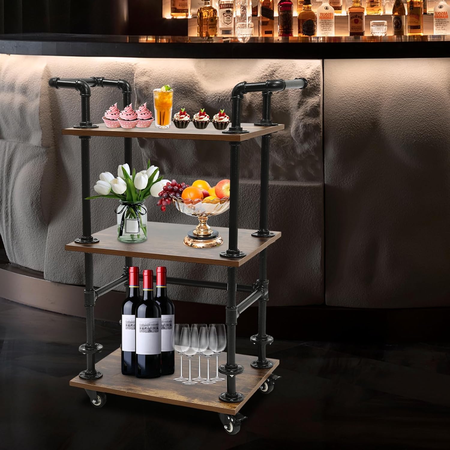 Carrito de servicio de barra industrial, carrito de almacenamiento de isla de cocina de 3 niveles con ruedas, carrito de metal multifunción con