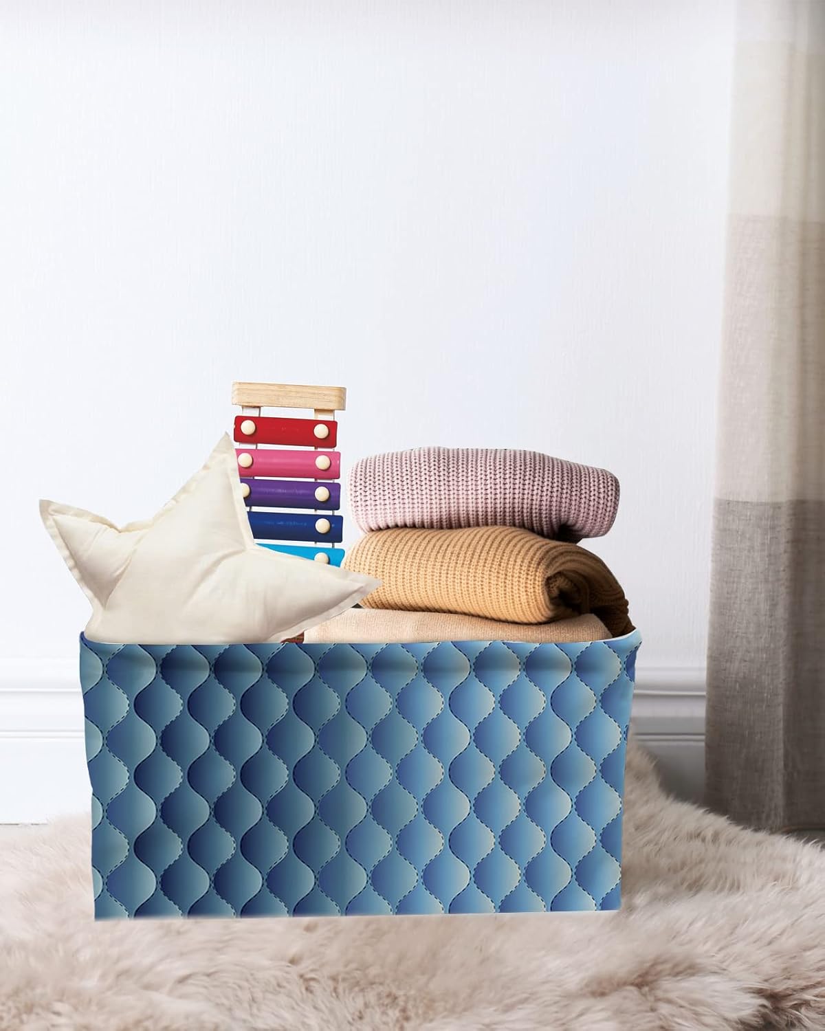 Gradient Blue Large Storage Baskets Bins Modern Geometric Minimalist Fish Scale Lattice Collapsible Storage Box Laundry Organizer for Closet Shelf