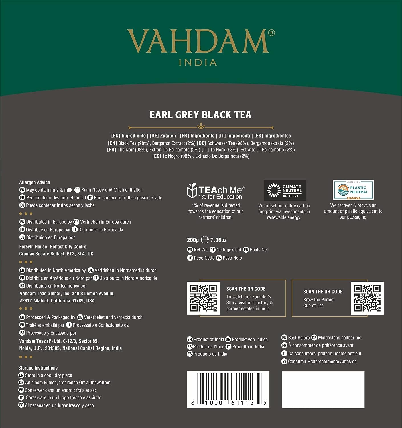 VAHDAM – Bolsas de té negro Earl Grey (100 unidades) con alto contenido de cafeína, sin OMG, sin gluten, hojas de té sueltas enteras con aceite de