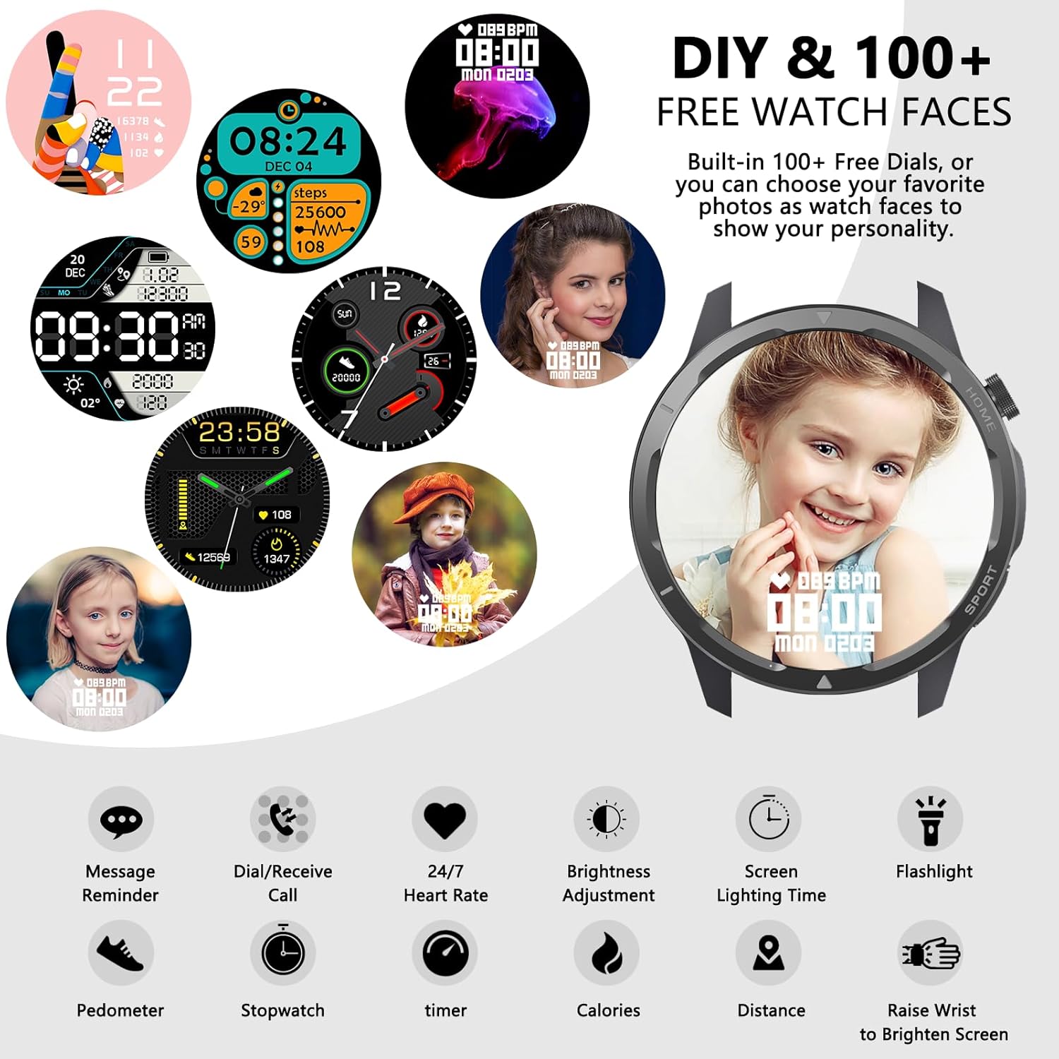 Wwzzey Reloj inteligente para hombres y mujeres (contestar llamadas), IP68 resistente al agua con podómetro, notificación de mensajes, reproductor