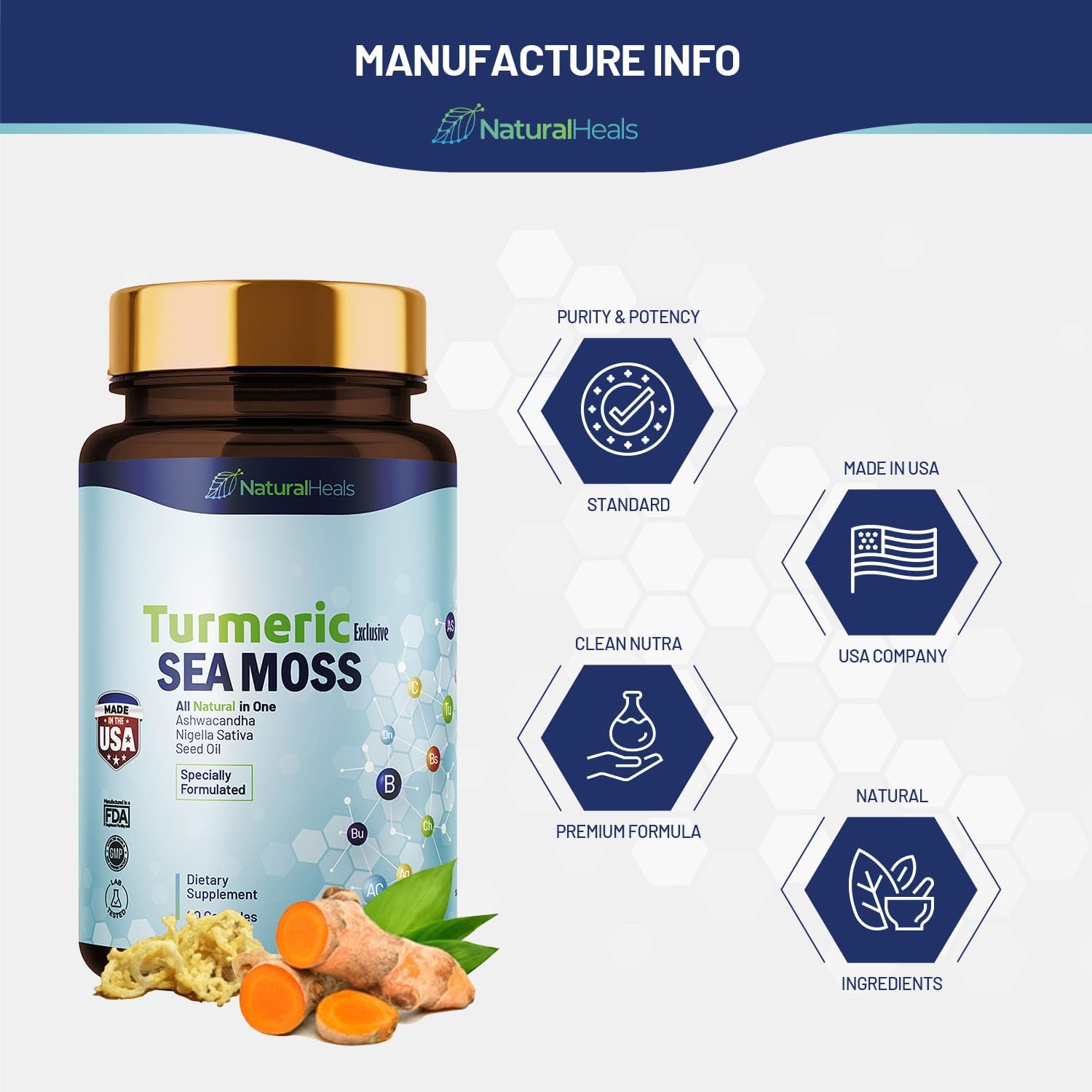 Musgo marino 3000 mg Aceite de semilla negra 2000 mg Ashwagandha 1000 mg Cúrcuma 1000 mg Bladderwrack 1000 mg Bardana 1000 mg – 60 Cápsulas Made in