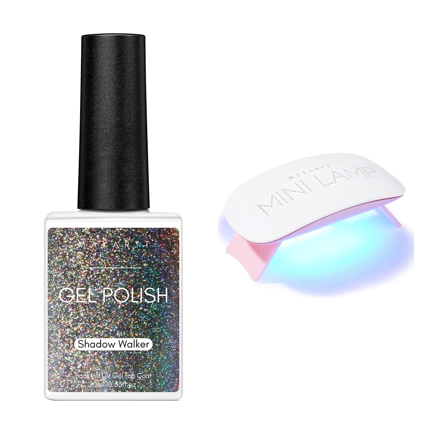 Makartt Lámpara de uñas LED UV, mini luz UV para uñas de gel, paquete con gel universal de ojo de gato arco iris, esmalte NALI de 0.3 fl oz (0.3 fl