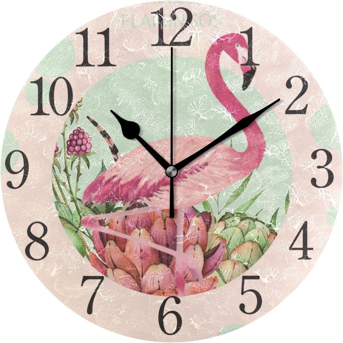SUABO Hello Flamingos – Reloj de pared redondo rosa con números arábigos, para sala de estar, baño, decoración del hogar