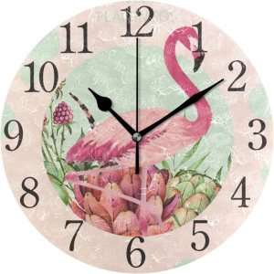 SUABO Hello Flamingos – Reloj de pared redondo rosa con números arábigos, para sala de estar, baño, decoración del hogar SUABO Hello Flamingos – Reloj de pared redondo rosa con números arábigos, para sala de estar, baño, decoración del hogar