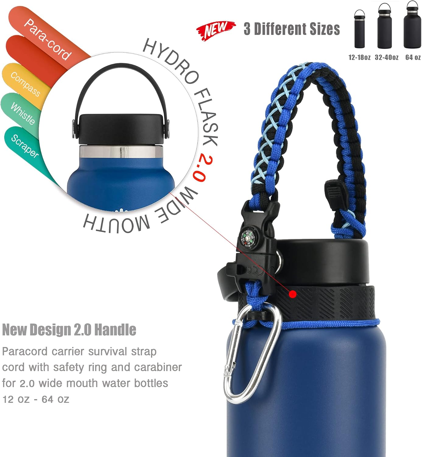 Asa de cuerda de paracaídas para botella Hydro Flask 2.0 de boca ancha estándar con anillo y mosquetón (12, 16, 18, 20, 32, 40 y 64 onzas)