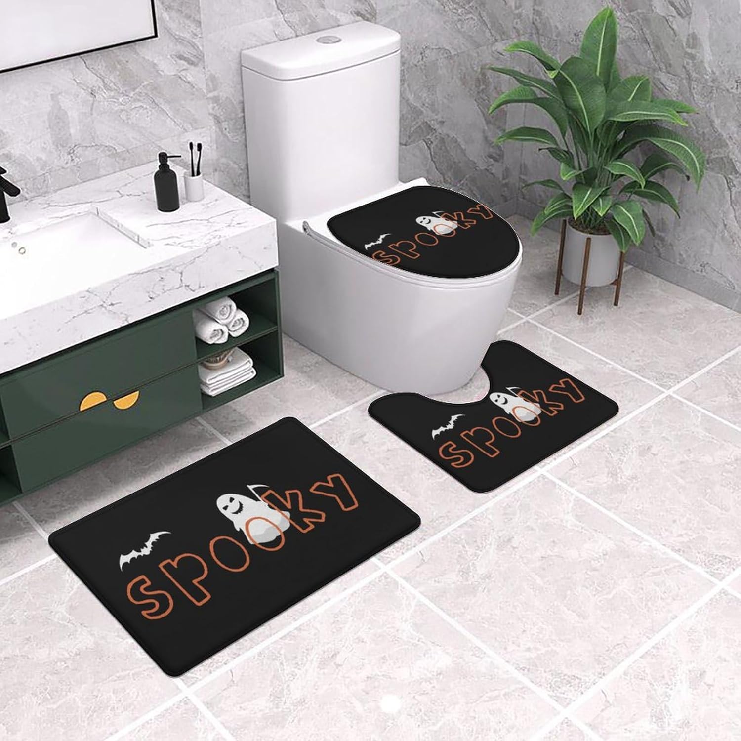 Aremetop Juego de 3 tapetes de baño de Halloween para decoración de otoño, decoración de casa de campo de fantasma, fantasma, murciélagos