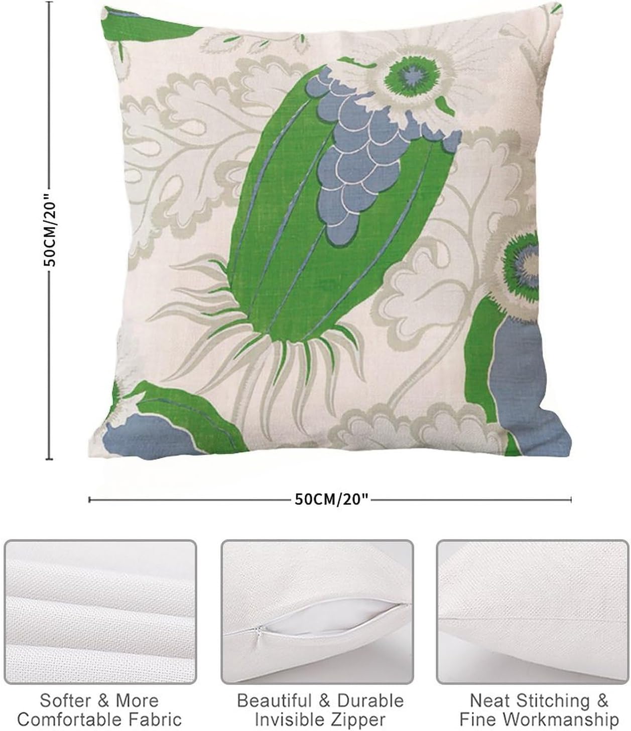 Funda de almohada estilo chinoiserie verde, floral, azul, marfil, funda de almohada europea verde, funda de cojín asiática, 20 x 20 pulgadas, funda