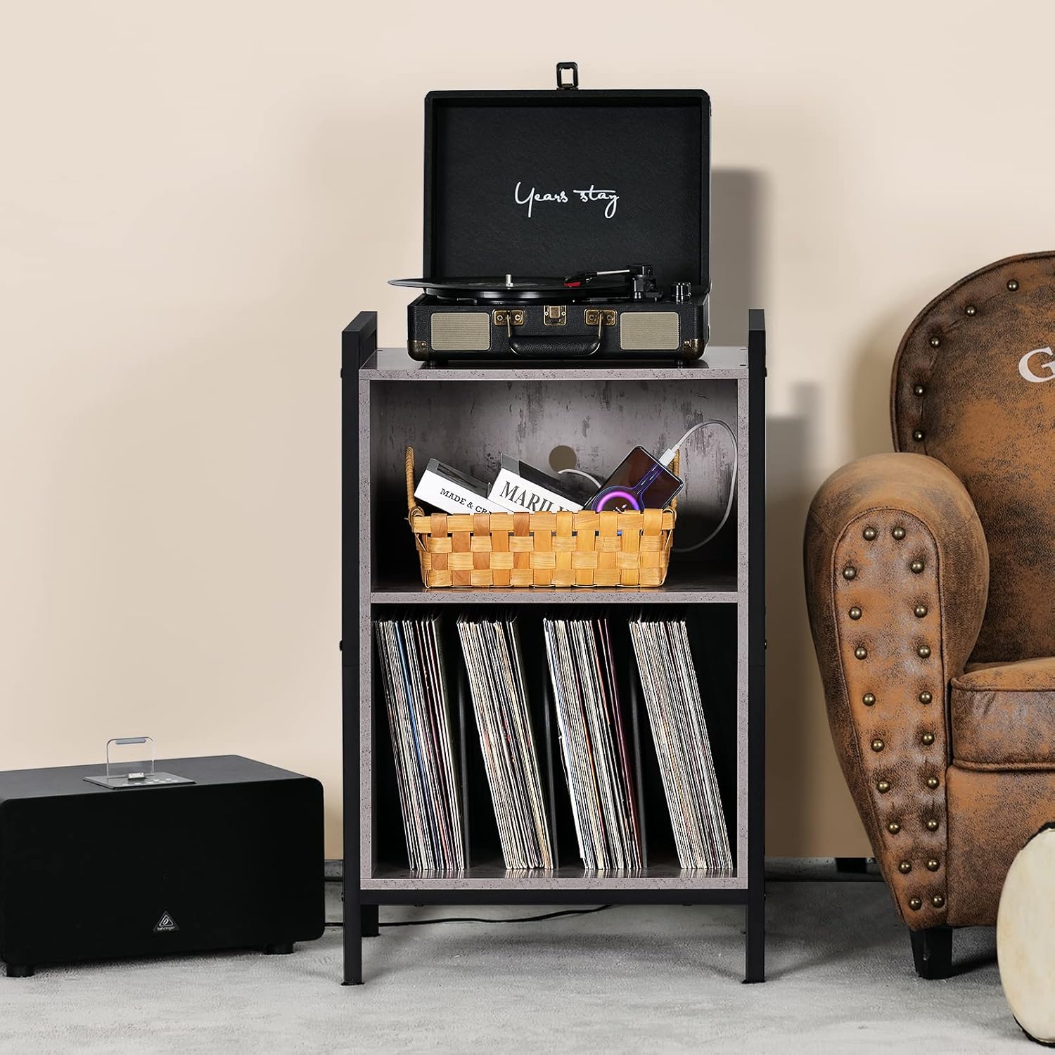 LELELINKY Soporte para tocadiscos, soporte para tocadiscos de 3 niveles, armario de almacenamiento de discos de vinilo con marco de metal con