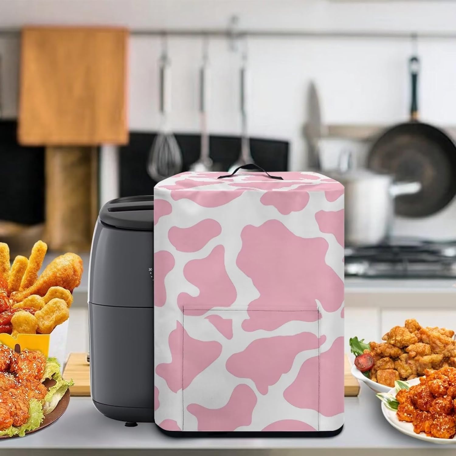 Funda para freidora de aire con estampado de vaca rosa, cubierta antipolvo para electrodomésticos pequeños con asa superior y bolsillo frontal,