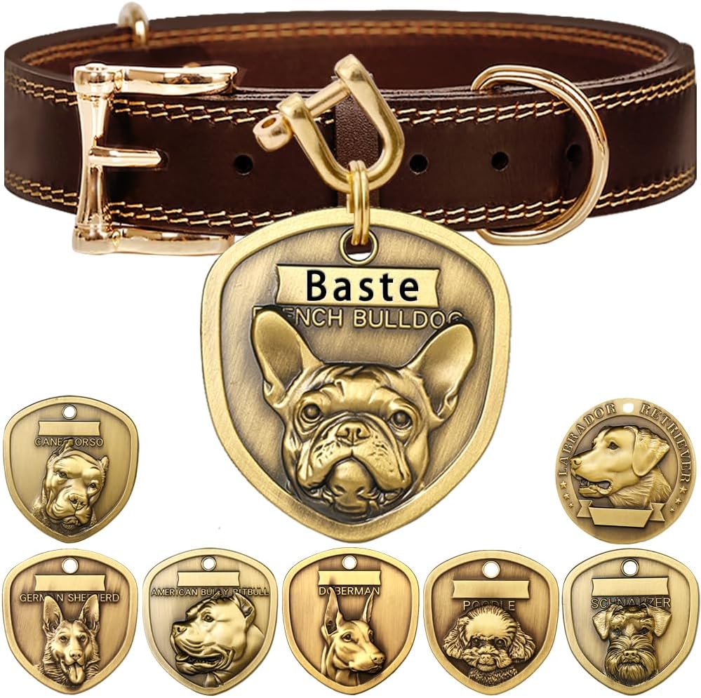 Collar de perro de cuero genuino+3D grabado en relieve francés Bulldog Dog Tag Set