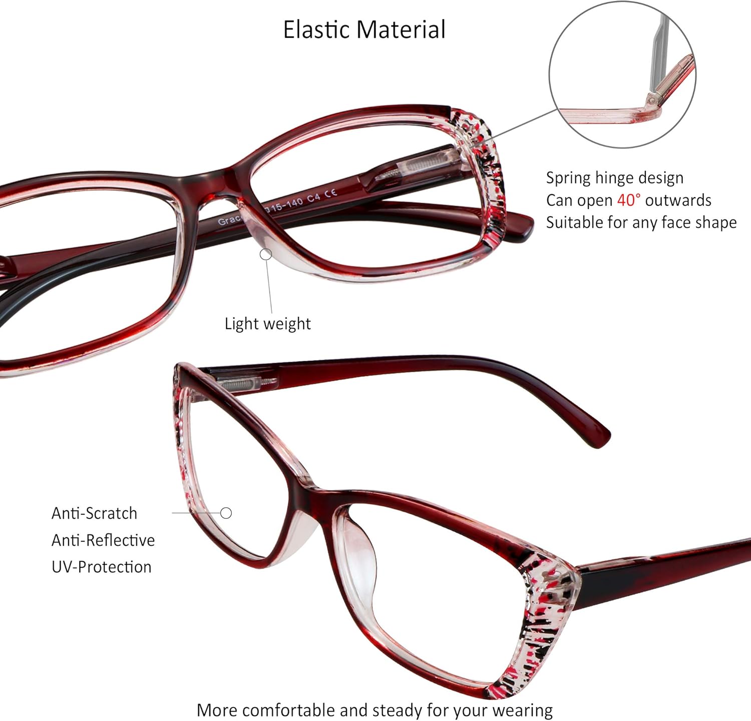 VisionGlobal 4 pares5 pares de anteojos de lectura con bisagra de resorte, lentes de bloqueo de luz azul para mujereshombres