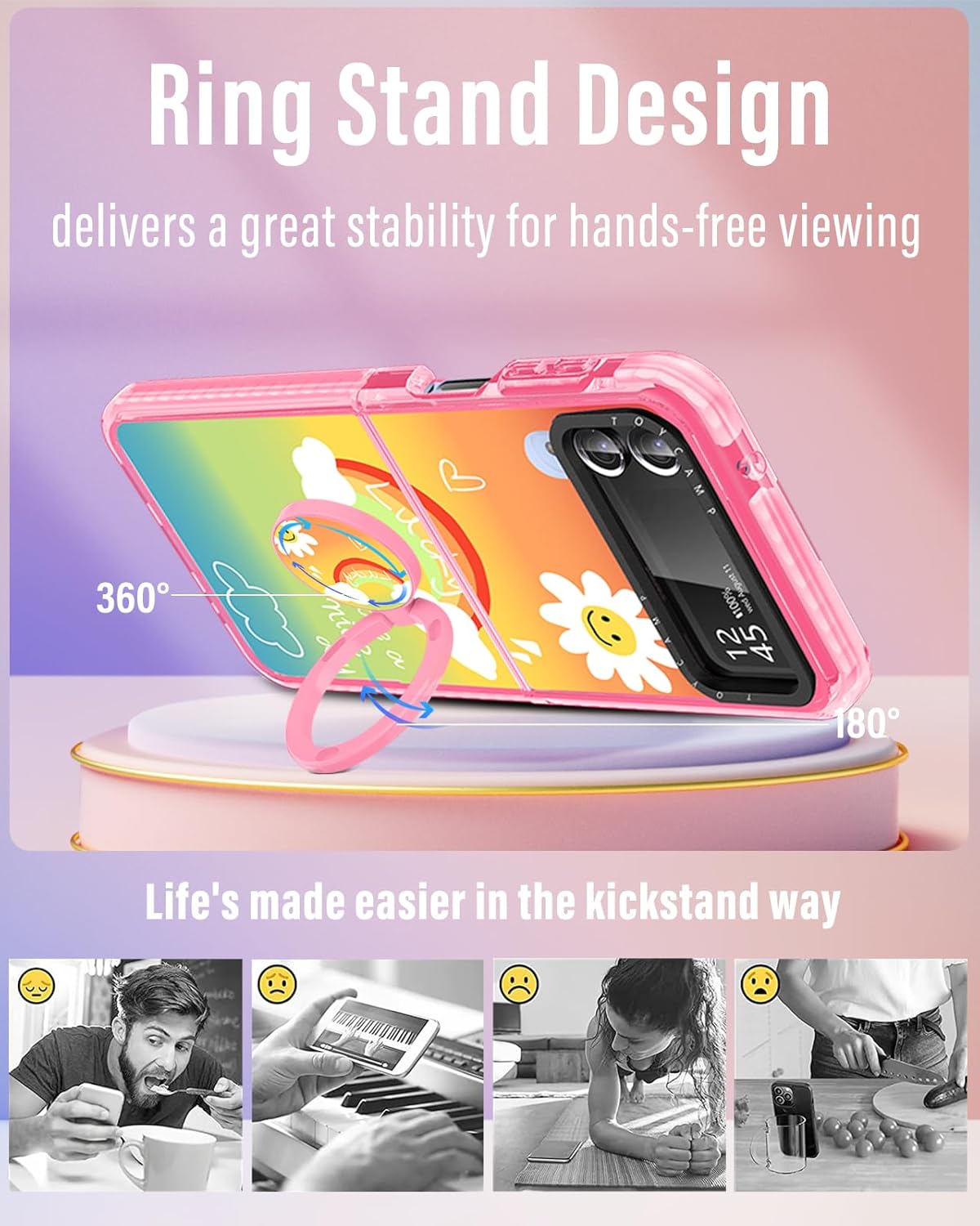Toycamp Funda para Samsung Galaxy Z Flip 4 con soporte para anillo, bonita funda retro con diseño de arco iris y sol, diseño colorido de dibujos