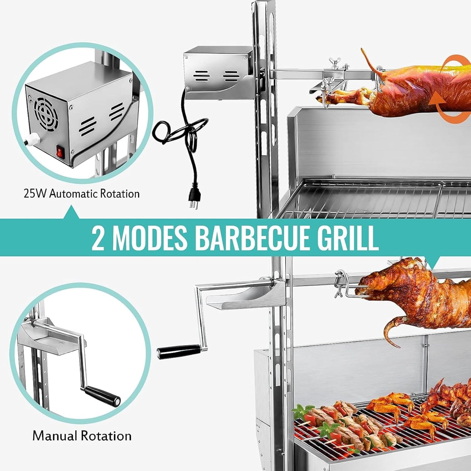 Parrilla asadora de acero inoxidable con protector de cubierta trasera, motor de 25 W, asador de cordero de cerdo pequeño, parrilla asadora de