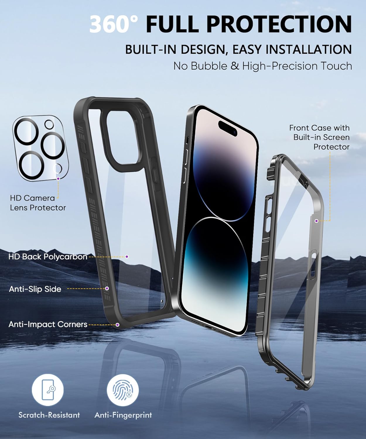 Funda para iPhone 15 Pro Max, protector de pantalla integrado, con protector de lente de cámara, carcasa de cuerpo completo resistente a prueba de
