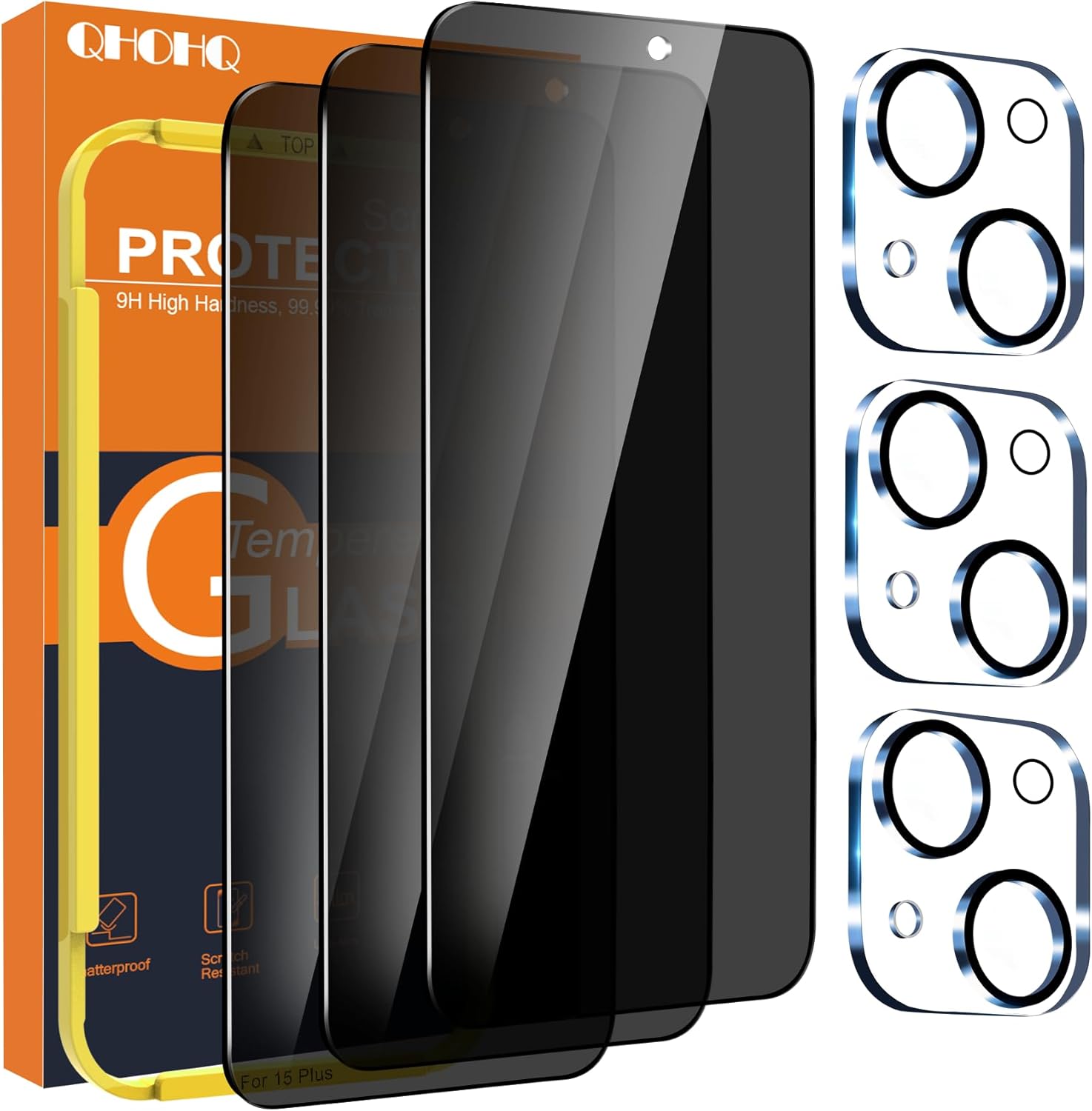 QHOHQ Paquete de 3 protectores de pantalla de privacidad para iPhone 15 Plus 6.7 pulgadas con 3 protectores de lente de cámara, película de vidrio