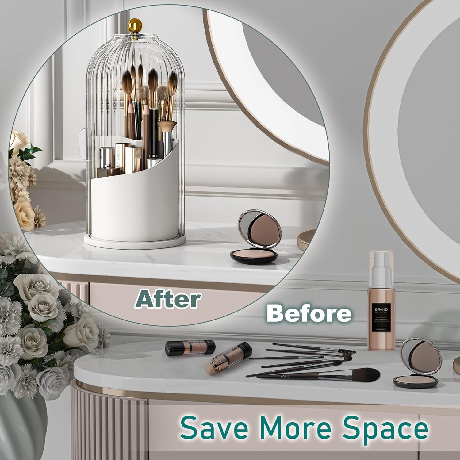 GAXmi Soporte para brochas de maquillaje con tapa, organizador de herramientas cosméticas, giratorio de 360 grados, impermeable, a prueba de polvo,