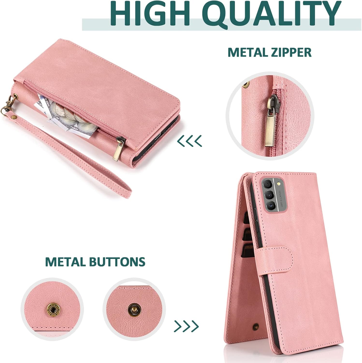 Asuwish Compatible con Nokia G400 5G – Funda tipo cartera de vidrio templado, protector de pantalla y cremallera, de piel retro, soporte para