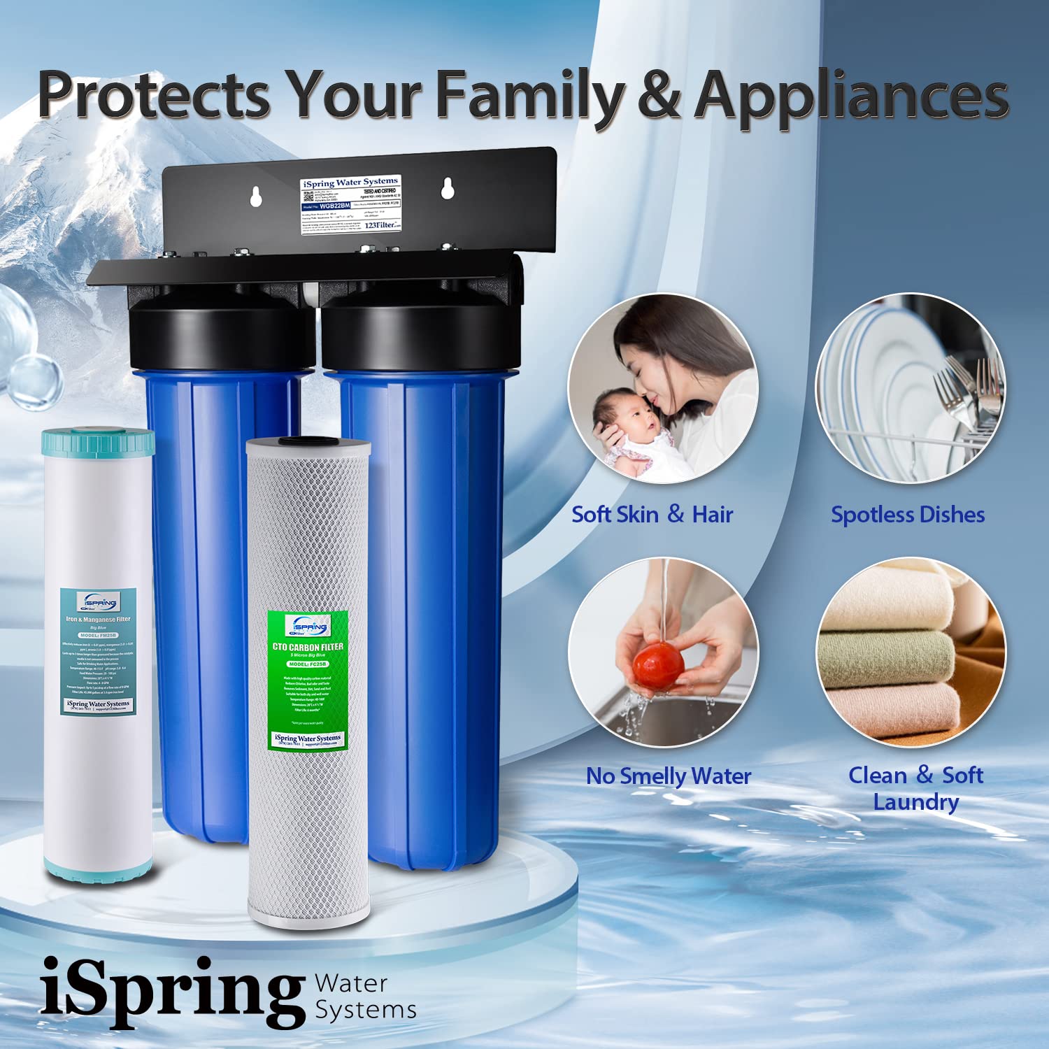 iSpring WGB22BM Sistema de filtración de agua de 2 etapas para toda la casa con bloque de carbono de 20 x 4.5 pulgadas y filtros reductores de
