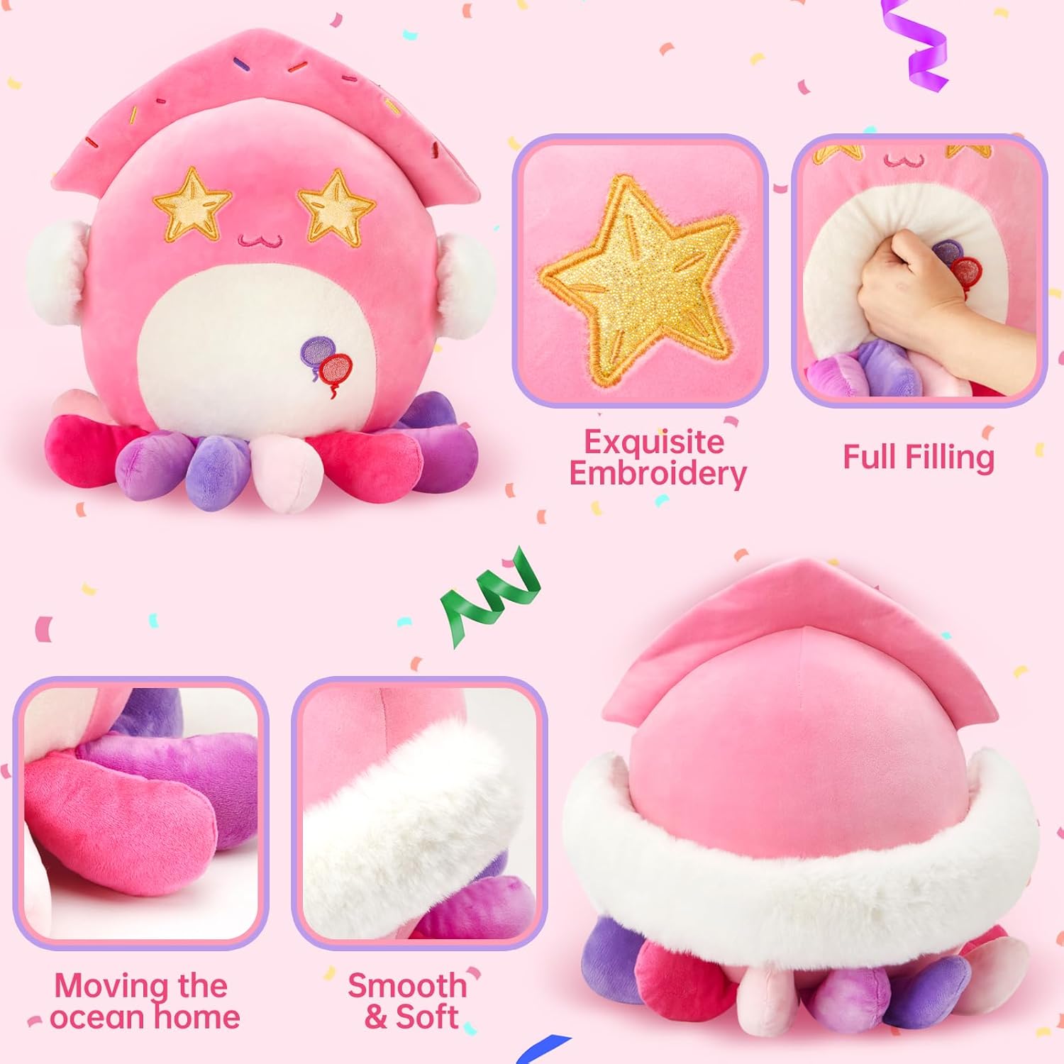 Houwsbaby Almohada de peluche de calamar de fiesta de 12 pulgadas, peluche de pulpo rosa, vida marina del océano, juguetes de animales de peluche de