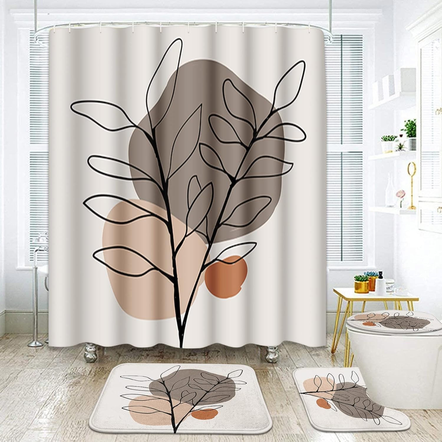 ArtSocket Juego de baño de hojas tropicales con cortina de ducha y accesorios de alfombras, cortina de ducha floral de mediados de siglo para baño,