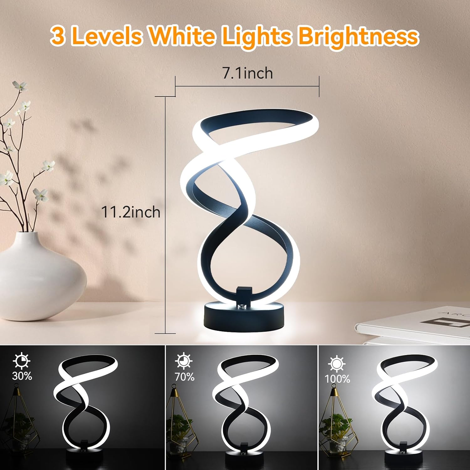 AVANLO Modern Table Lamp Christmas Gifts, RGB Touch Dimmable Bedside Lamp, LED Unique Spiral Lamp for Bedroom, Cool Desk Nightstand Lamps for Living