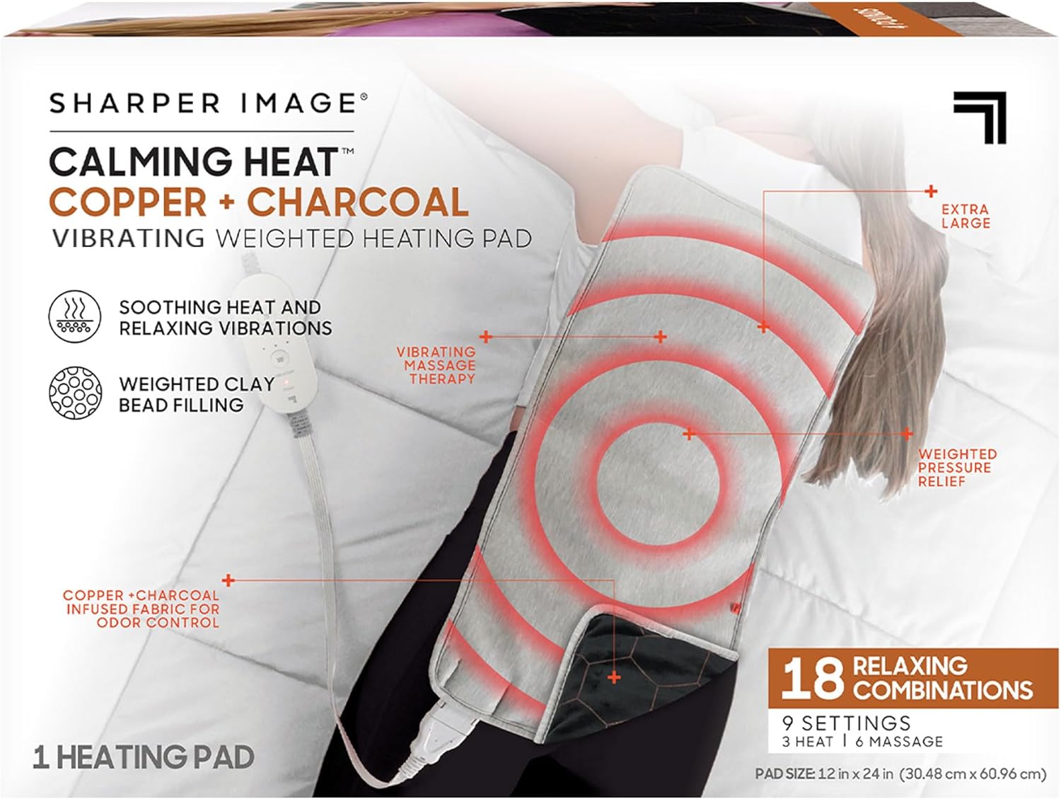 Sharper Image – Almohadilla térmica vibrante de cobre + carbón calmante de Sharper Image, almohadilla térmica eléctrica con peso, 9 ajustes, 3