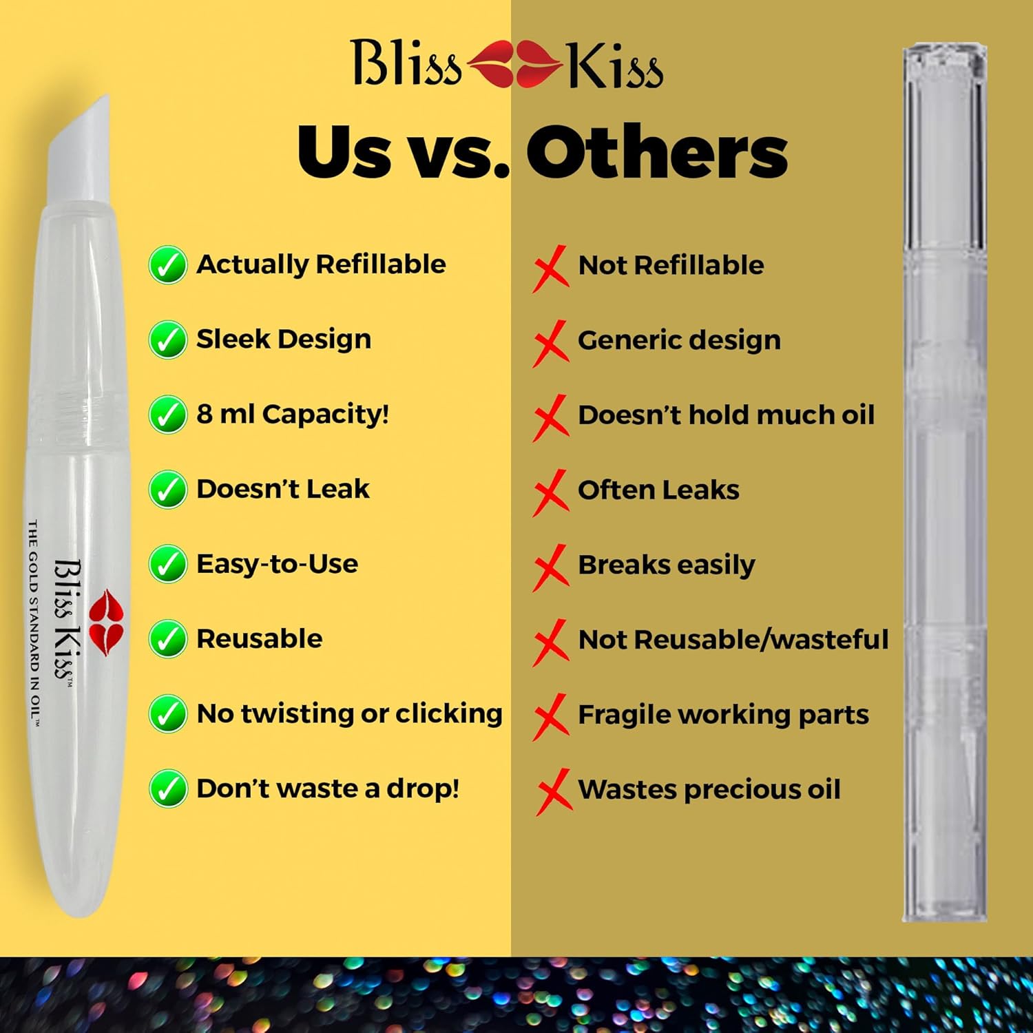 Bliss Kiss Refillable Cuticle Oil Pen for Nails – Empty 8 ml Squeeze Nail Oil Pen with brush applicator from 1-Pack