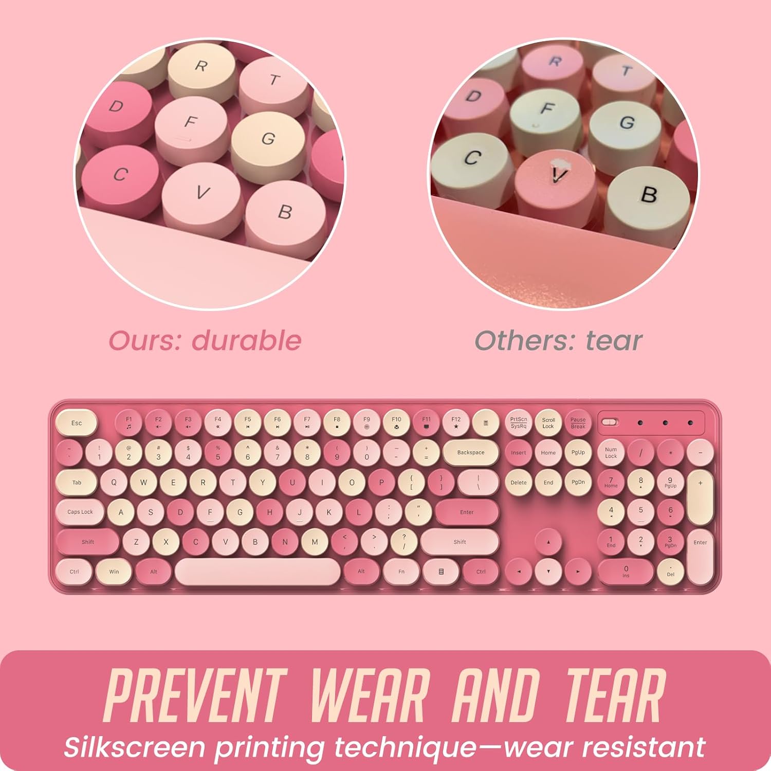 LIZRROT, Teclado y mouse inalámbricos, teclado silencioso, teclado colorido de tamaño completo con teclas redondas, bonito mouse de 2.4 G compatible