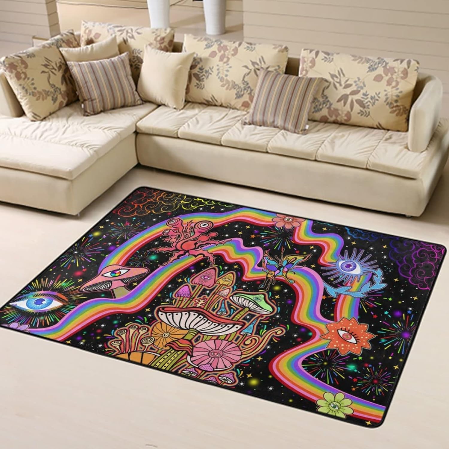 Alfombra antideslizante acogedora para decoración del hogar, alfombra para dormitorio, al aire libre, cocina, alfombra lavable de hongos, flores,
