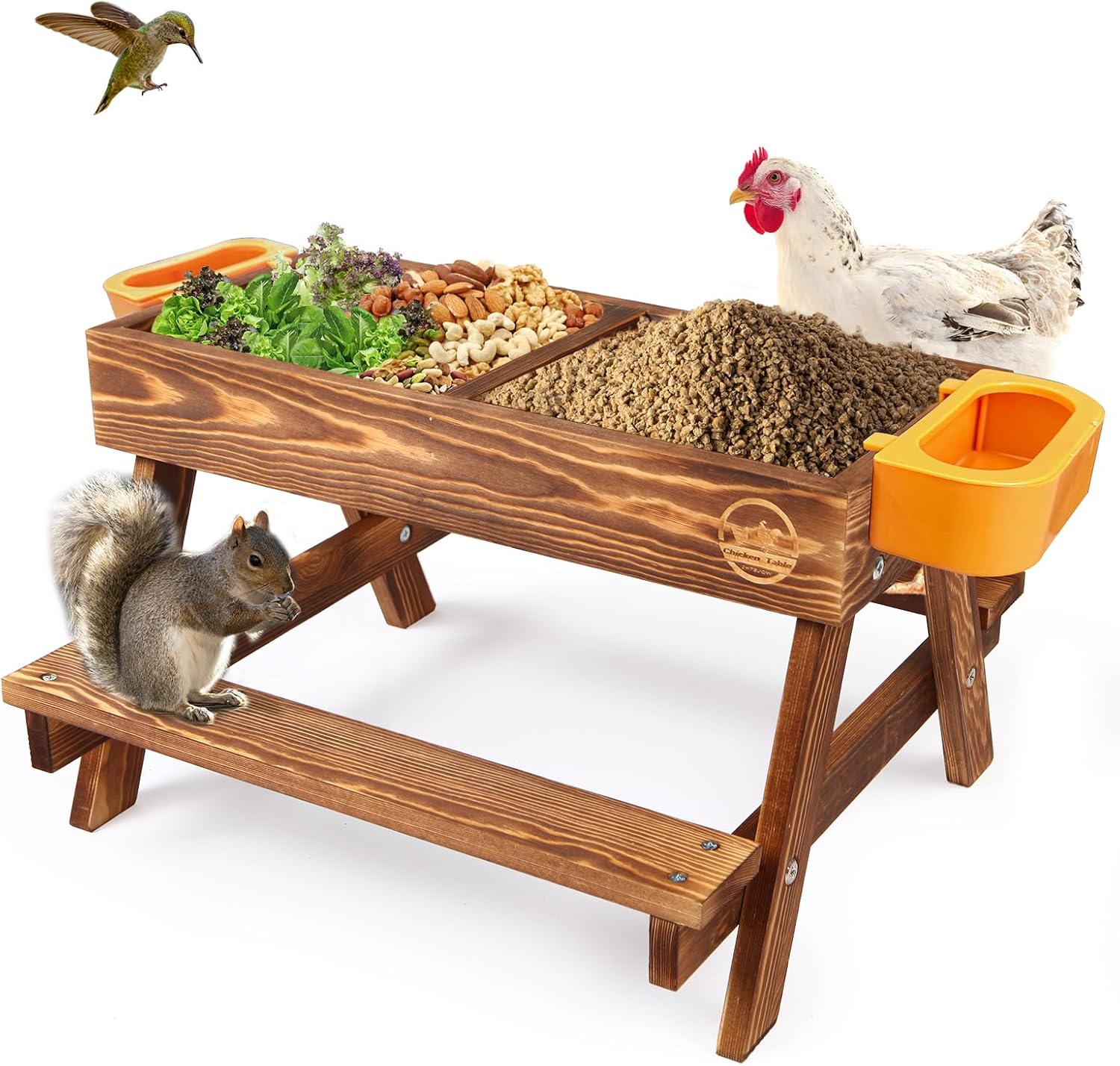 Mesa de picnic de pollo, comedero de pollo sin desperdicios hecho a mano de madera carbonizada, kit grande de comedero de pollo para bricolaje,