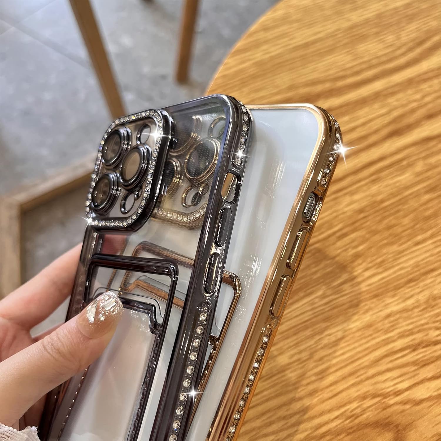 MZELQ Funda tipo cartera chapada para iPhone 14 Pro, tarjetero con diamantes con purpurina brillante, protección para cámara, funda de lujo + 2