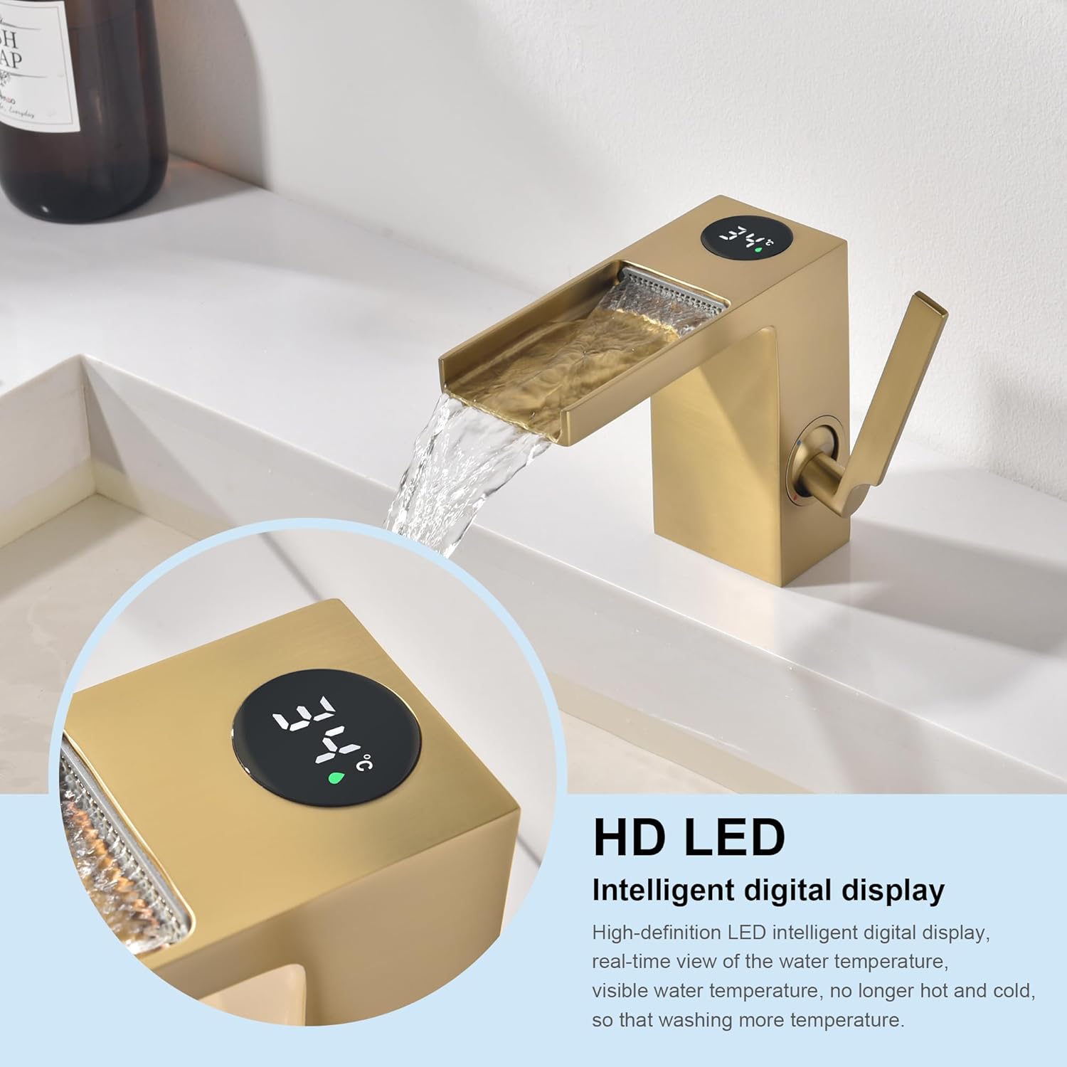 Grifo del lavabo del baño, pantalla de temperatura LED, energía hidráulica dorada cepillada, grifo de latón de una sola manija sin plomo comercial