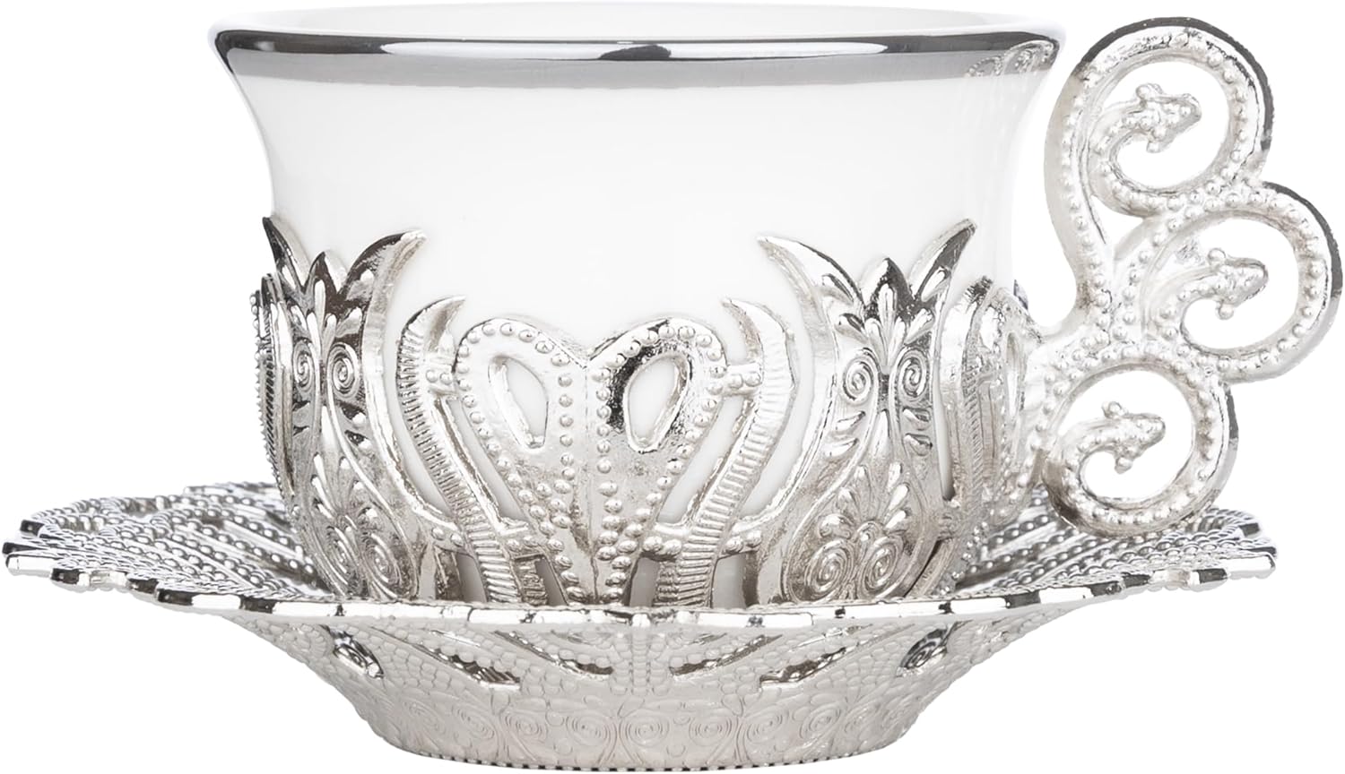 Alisveristime Juego de tazas de café turco, porcelana blanca y metal de zinc con motivos turcos, 6 tazas y platillos (plateado)
