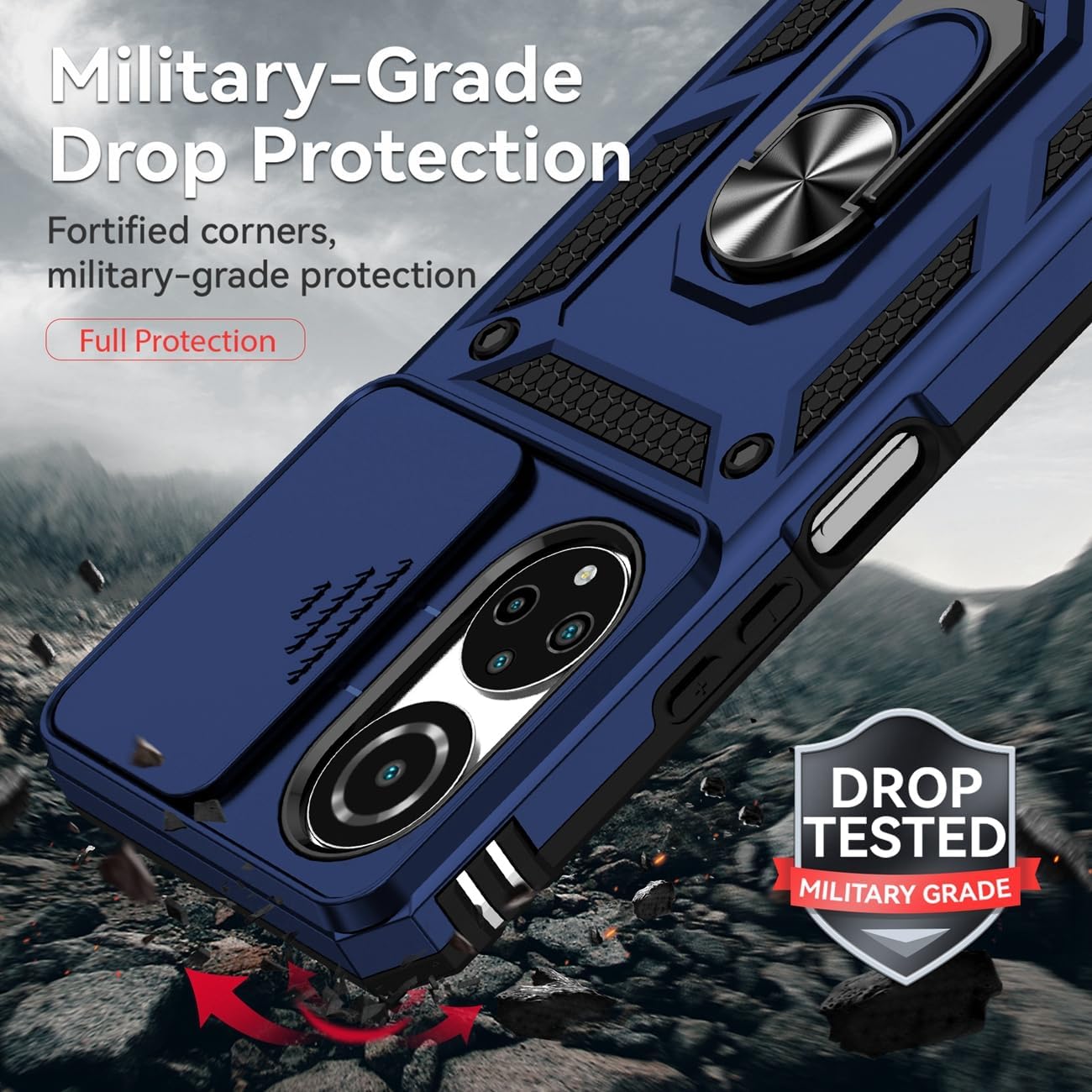 Funda para Honor X7, CMA-LX2 CMA-LX1 con protector de pantalla de vidrio templado y cubierta de cámara deslizante, soporte de anillo giratorio de