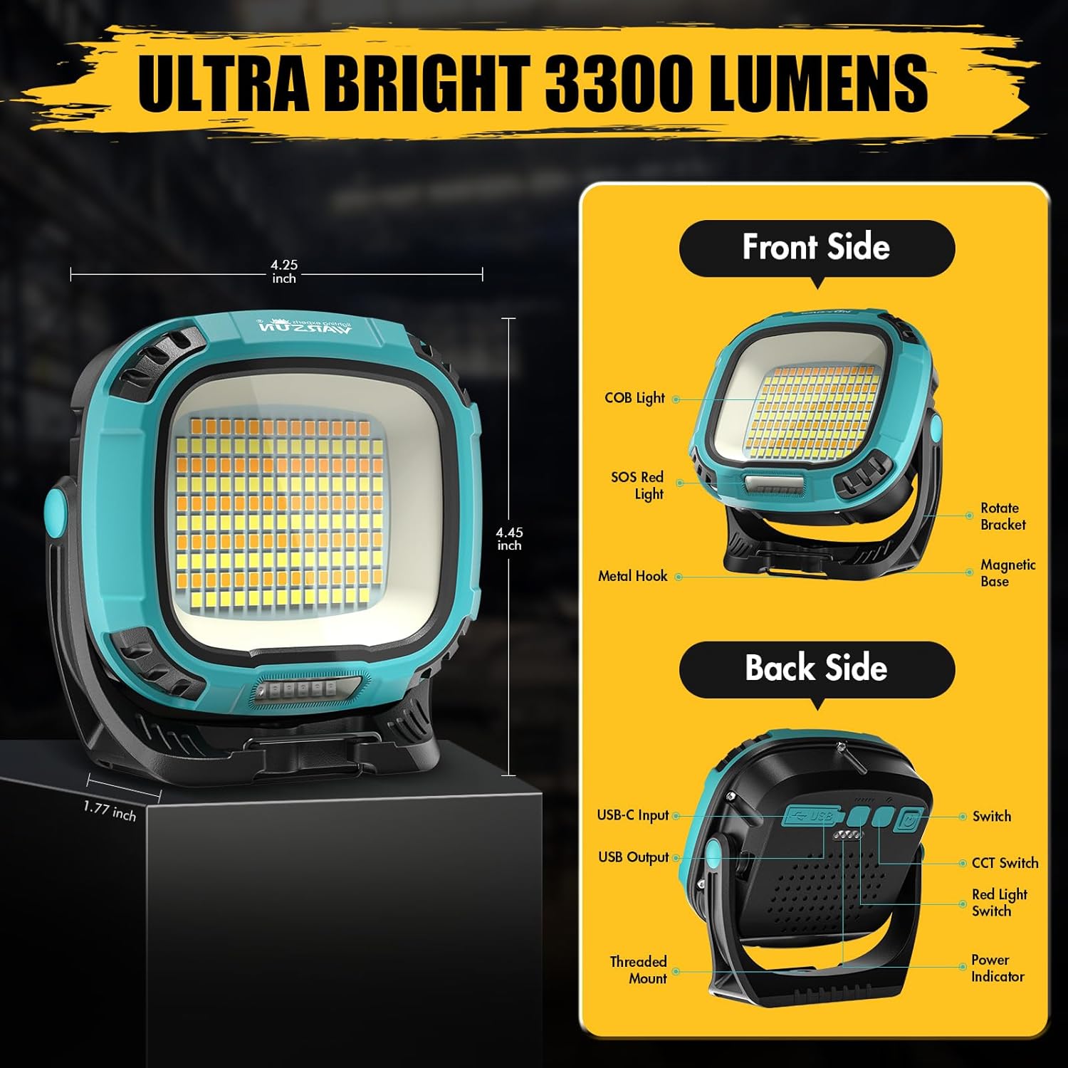 WARSUN Luz de trabajo recargable LED, luz de inundación portátil COB de 3300 lúmenes, luz de trabajo magnética giratoria de 180, luz mecánica con