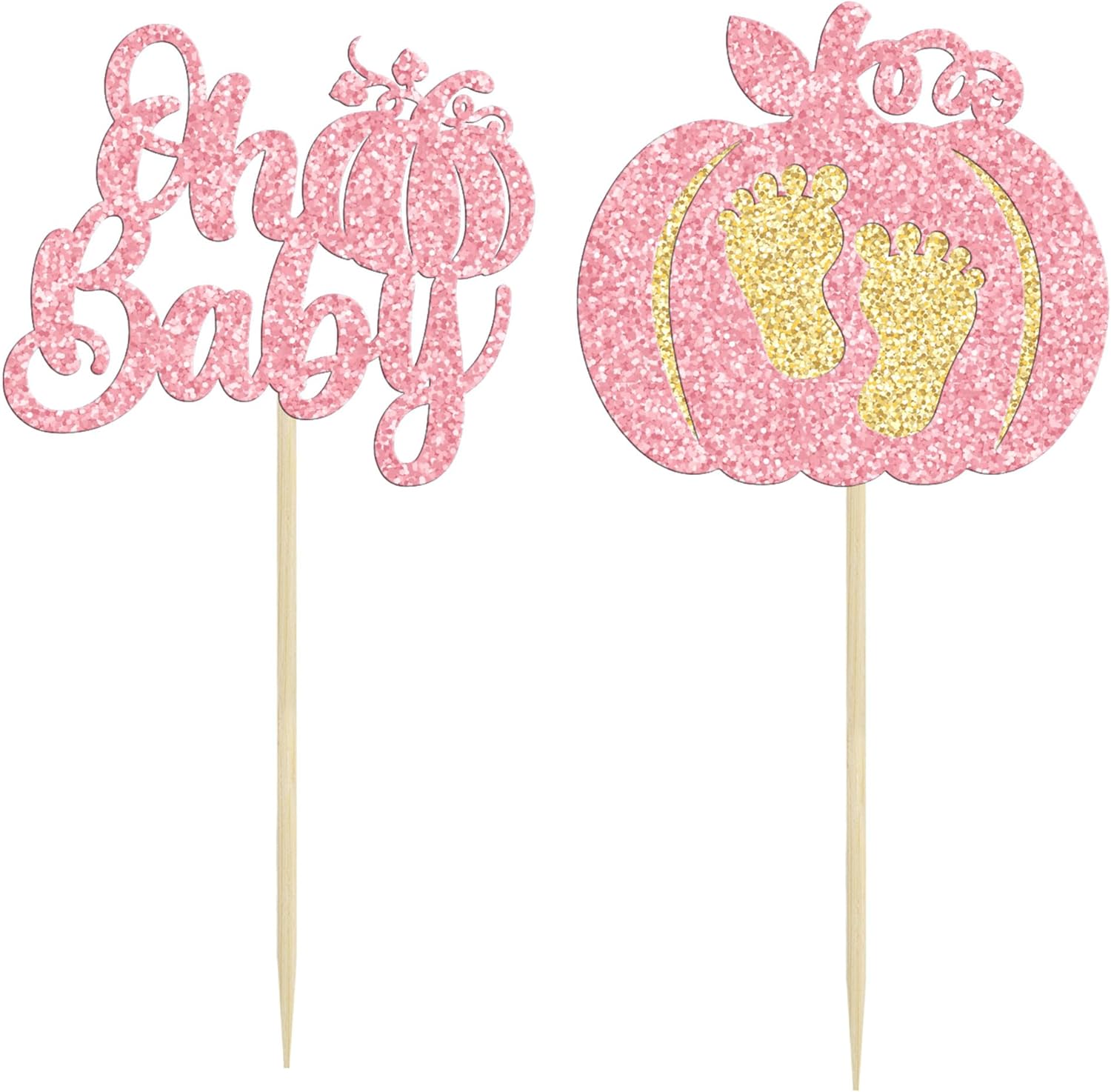 24 piezas de calabaza Oh Baby Cupcake Toppers Pink Glitter Pumpkin Cupcake Picks Boy Baby Shower Cake Decor for Pumpkin Theme Reveal Kids Birthday