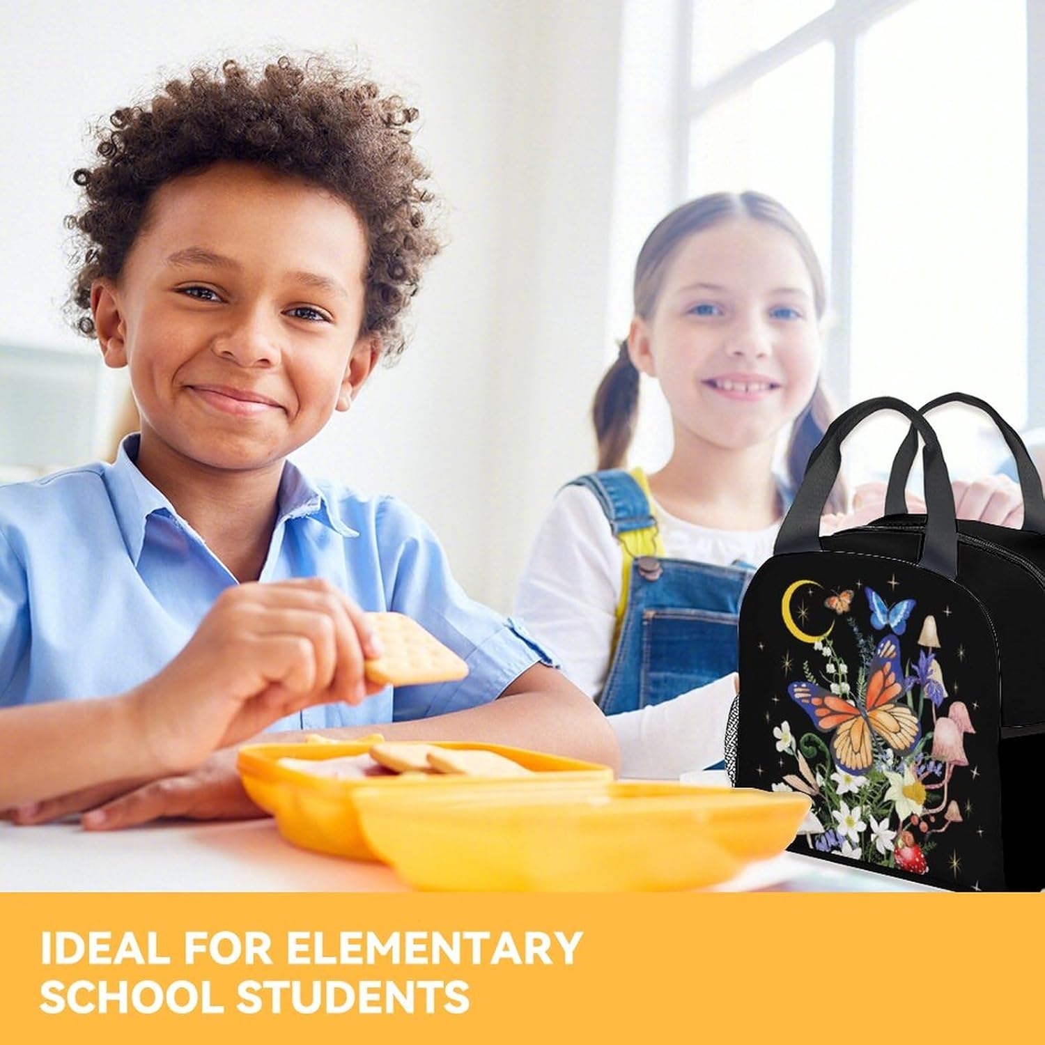 Lonchera de mariposa para niñas y mujeres, bolsas de almuerzo reutilizables aisladas con asa – Pequeña lonchera negra linda para niños – Ideal para
