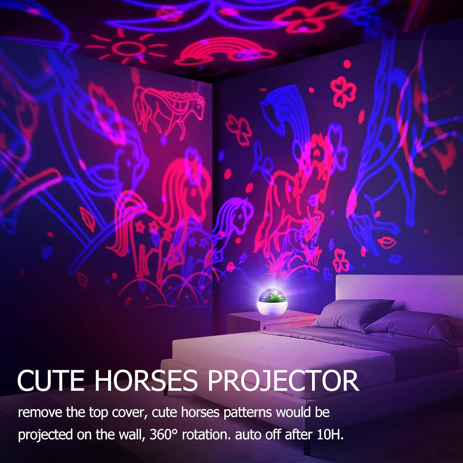Bonito proyector de caballos con temporizador de 10 horas, luz nocturna LED RGBW, rotación de 360, funciona con USBbatería, regalos para dormitorio,